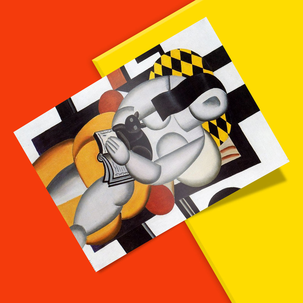 Cubist wall art print of Fernand Léger's Woman with a Cat 1920s mechanical period masterpiece in yellow orange and black