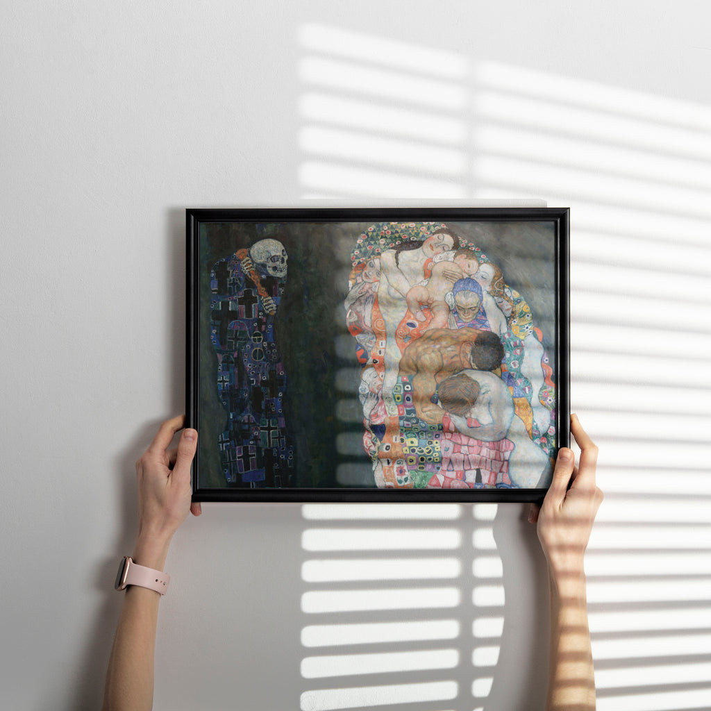 Klimt Death and Life framed art print displayed in a living room, luxury wall art for interiors