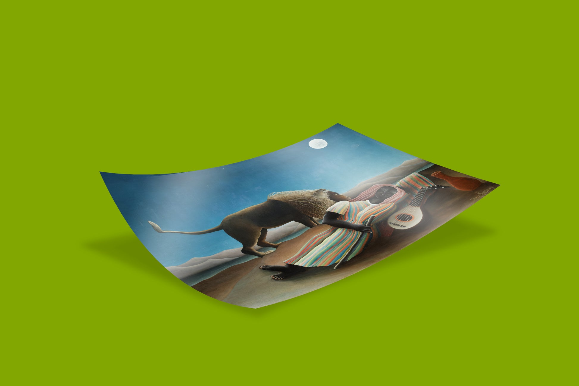 Museum-quality art print of Rousseau’s The Sleeping Gypsy in naïve art style