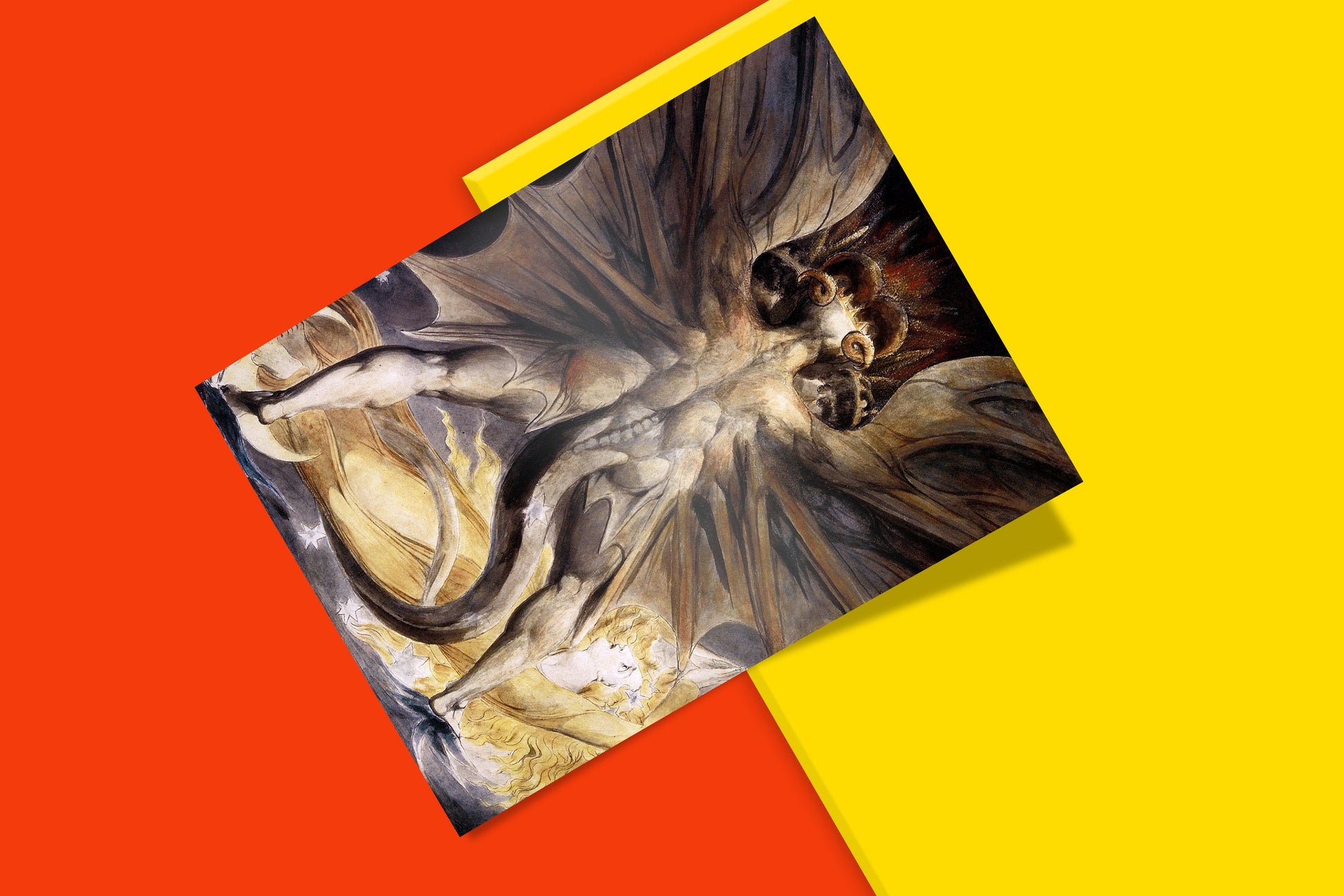 Mystical and dramatic scene from William Blake's Revelation series, "The Great Red Dragon" fine art print, ideal for adding historical and mythological art to your collection.