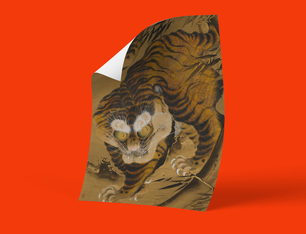 Nagasaki school tiger painting print - Katayama Yōkoku's dynamic tiger portrait with bamboo background, premium quality wall art featuring traditional Japanese artistic mastery and symbolism