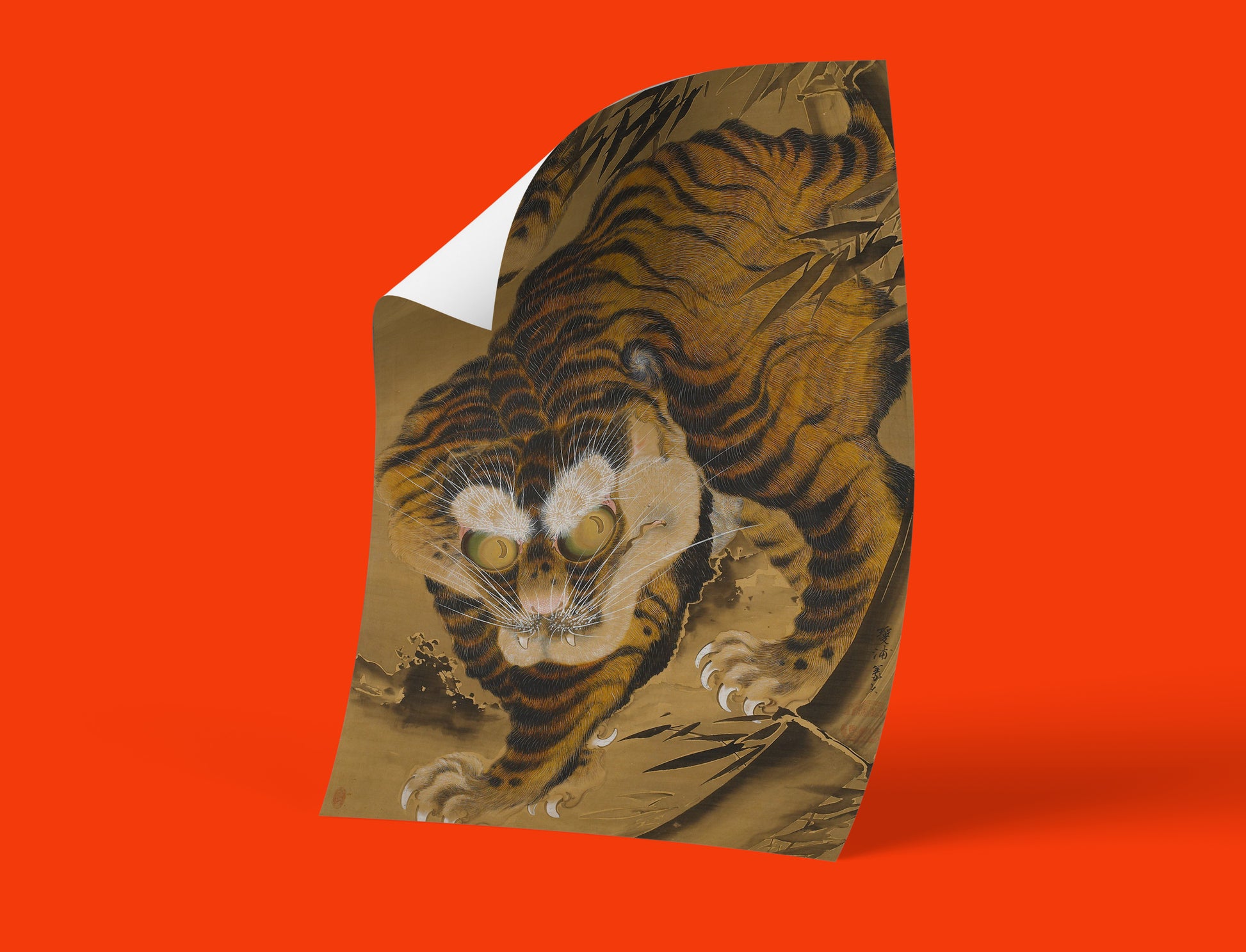 Nagasaki school tiger painting print - Katayama Yōkoku's dynamic tiger portrait with bamboo background, premium quality wall art featuring traditional Japanese artistic mastery and symbolism