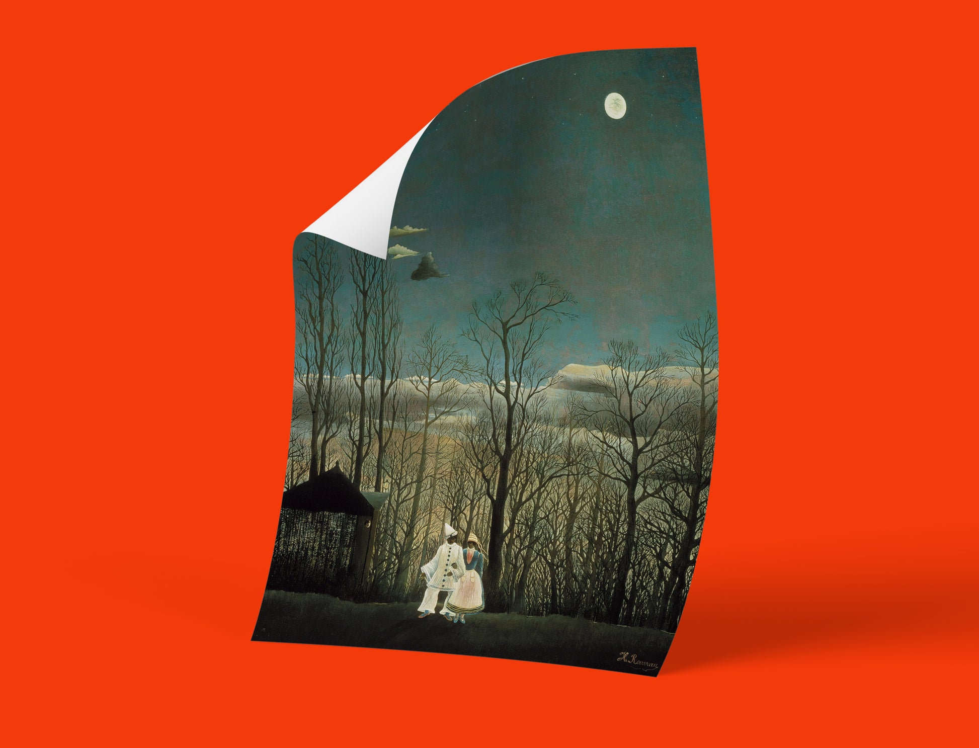 A Carnival Evening wall art featuring two figures in carnival costumes in a surreal forest under a full moon, a classic example of Primitivism in art.
