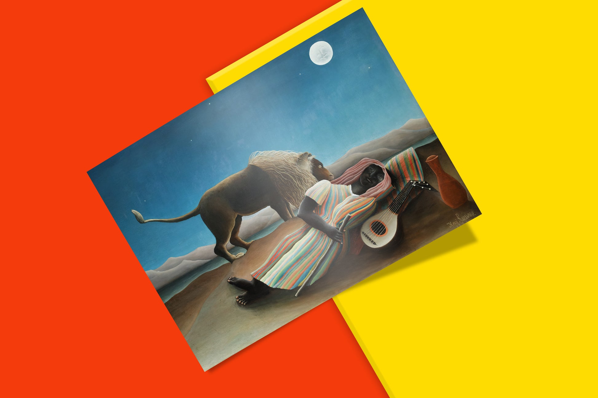 Bohemian-inspired wall art featuring Rousseau’s famous desert scene with lion