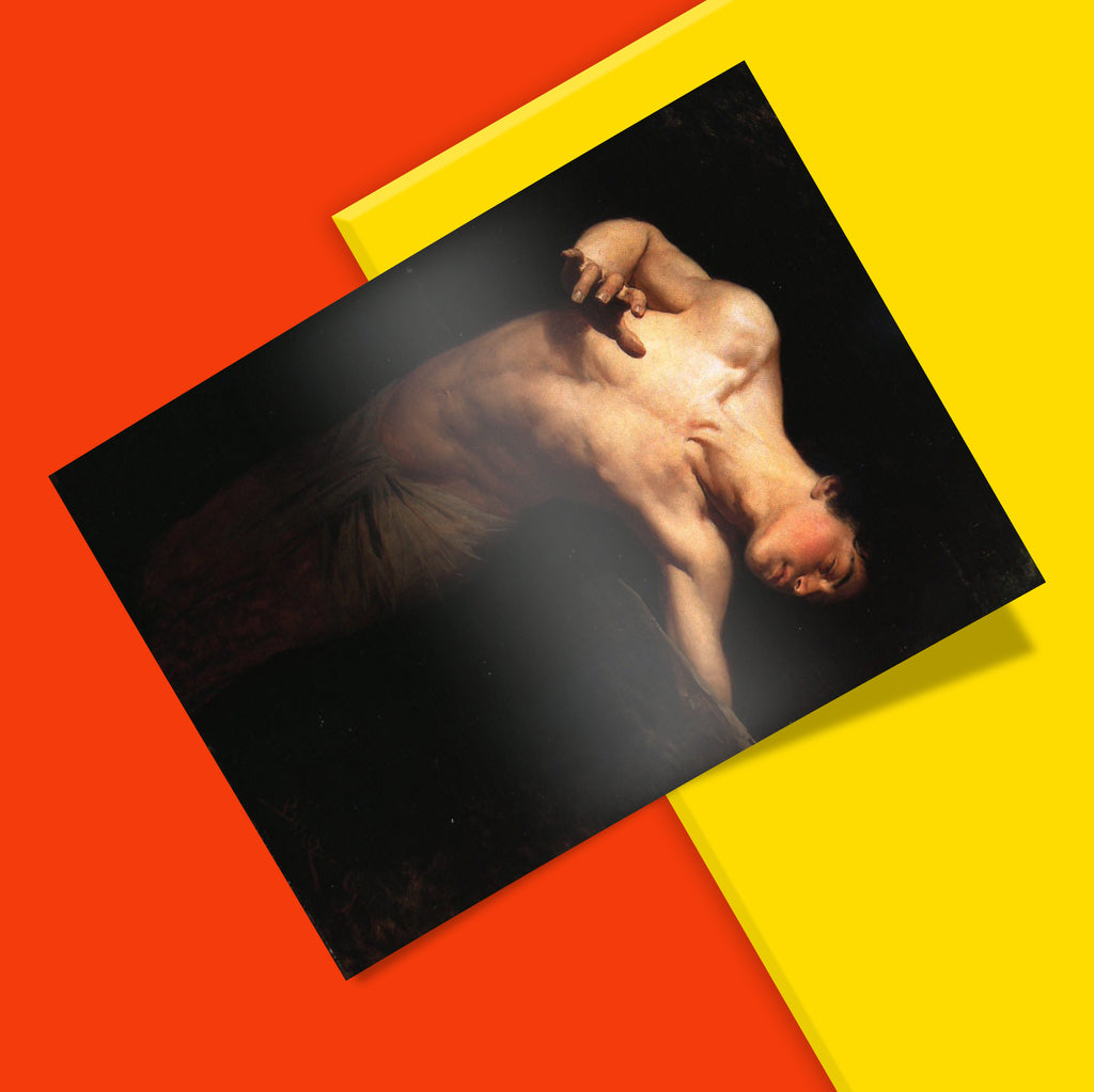 Classical mythology art print depicting Narcissus, capturing a moment of intense longing and self-reflection in oil paint.