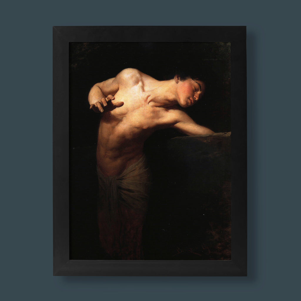 Fine art print of Narcissus, a classical mythological oil painting showing a reclining male figure in dramatic light and shadow.