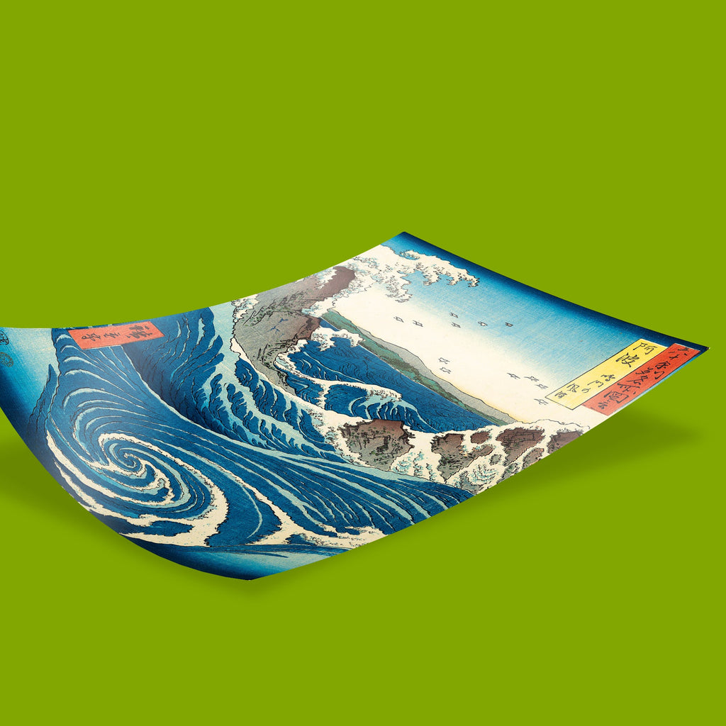 Museum-quality Hiroshige Naruto Whirlpool wall art print, 12-colour giclée reproduction of iconic Japanese landscape ukiyo-e masterpiece