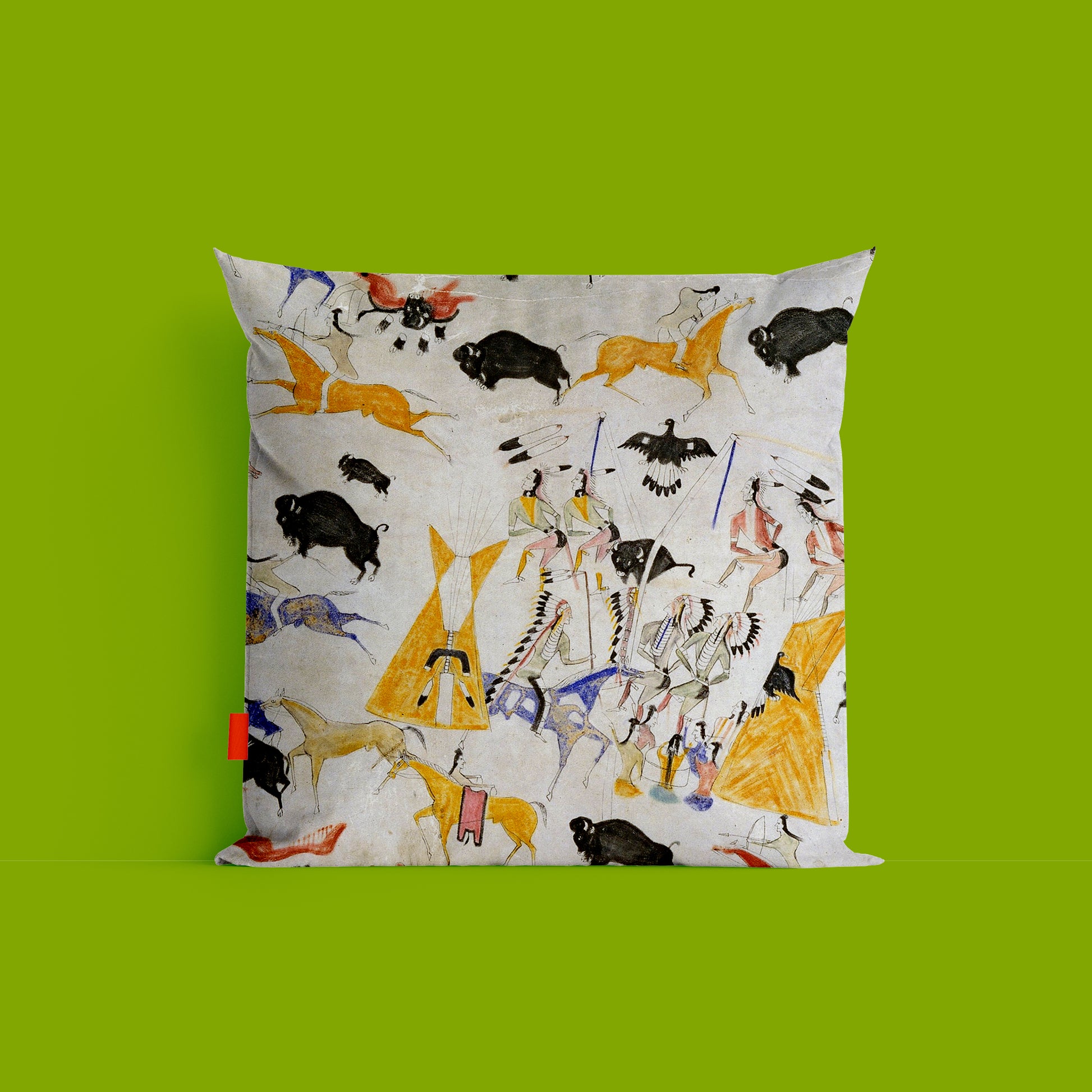 Fine art gift cushion featuring Cotsiogo Cadzi Cody's Indigenous Plains Indian painting, premium linen cushion cover with dye sublimation print, 18x18 inch, made in Great Britain