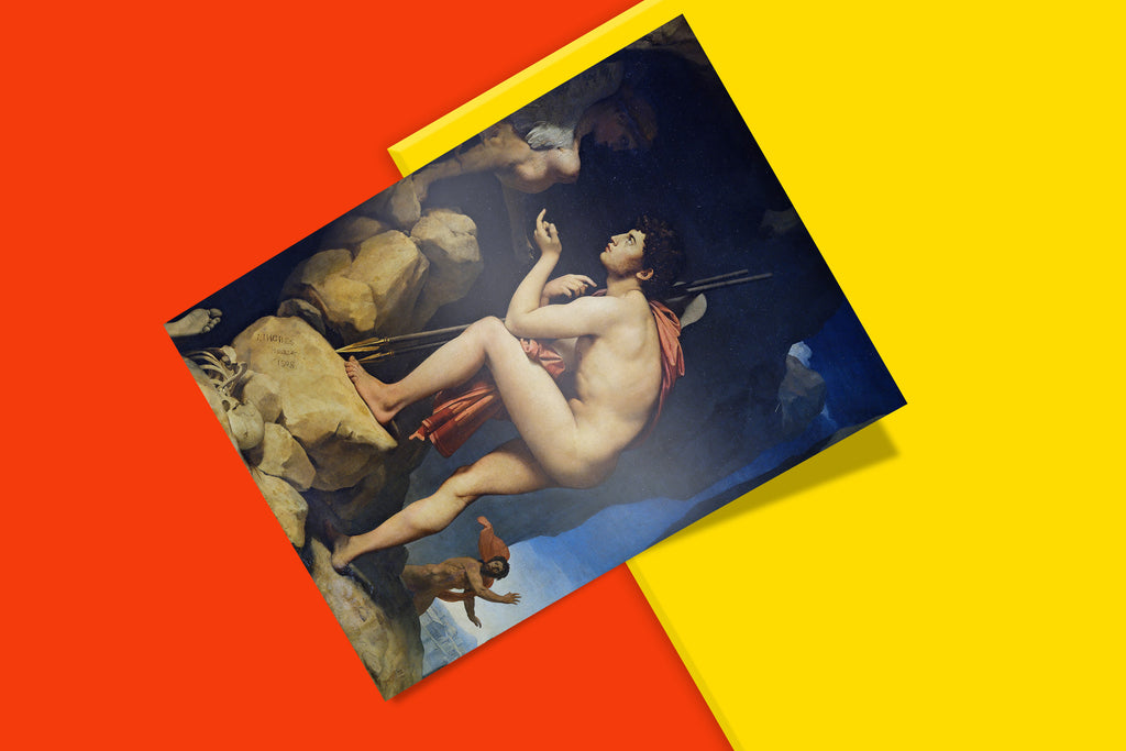 French academic painting Oedipus and the Sphinx by Ingres showcasing classical male nude and mythological beast, high-quality art print for collectors and art enthusiasts