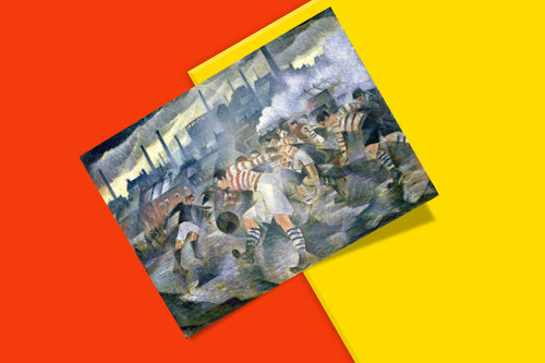British modernist football painting by Christopher Nevinson featuring dynamic players in striped shirts, premium giclee art print for contemporary home decor