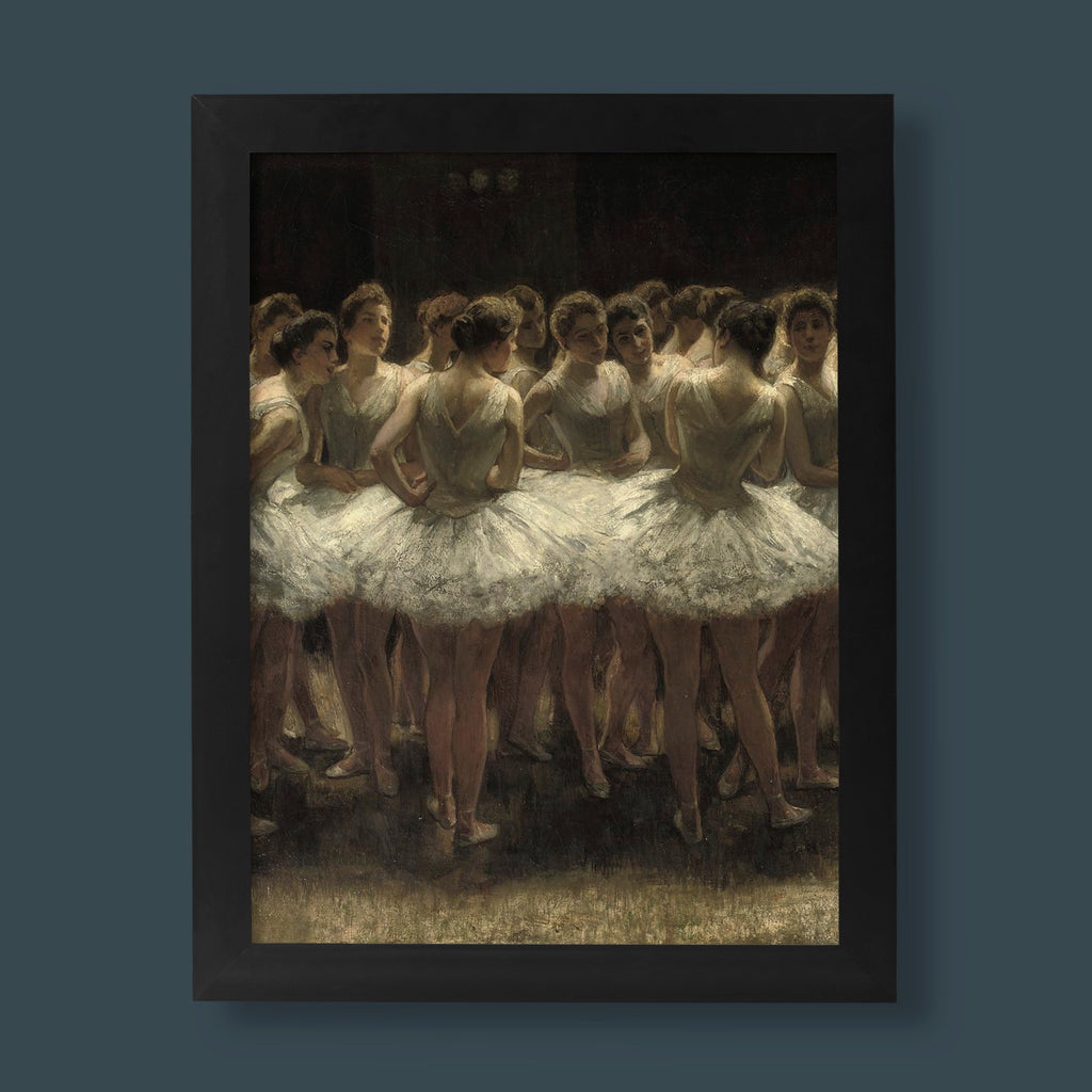 Nicolaas van der Waay Strike of the Ballerinas fine art print showing ballerinas in white tutus confronting ballet master in atmospheric theatre scene