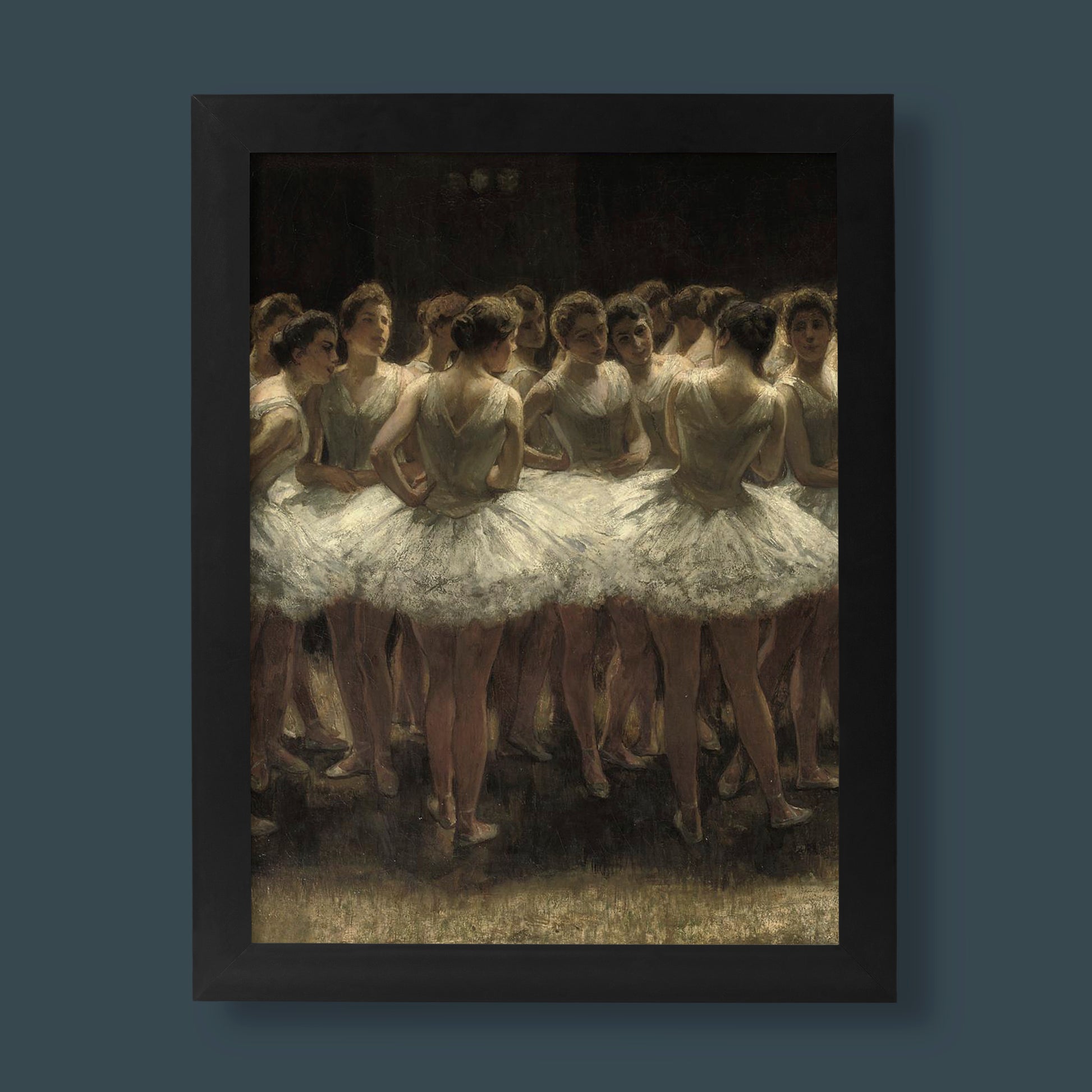 Nicolaas van der Waay Strike of the Ballerinas fine art print showing ballerinas in white tutus confronting ballet master in atmospheric theatre scene