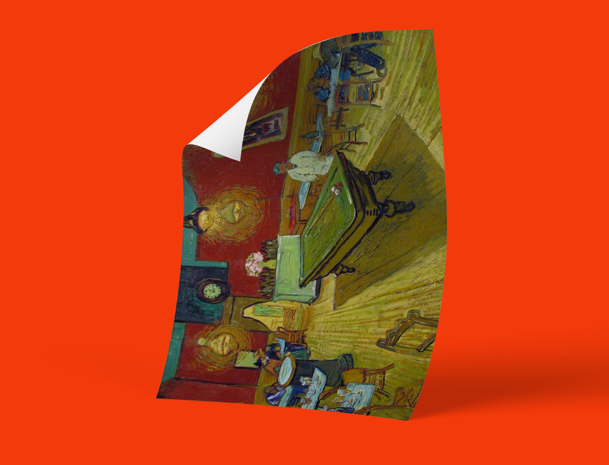 Detail of a vibrant wall art print of Van Gogh's "The Night Café," highlighting the unique colour palette and visible brushstrokes.