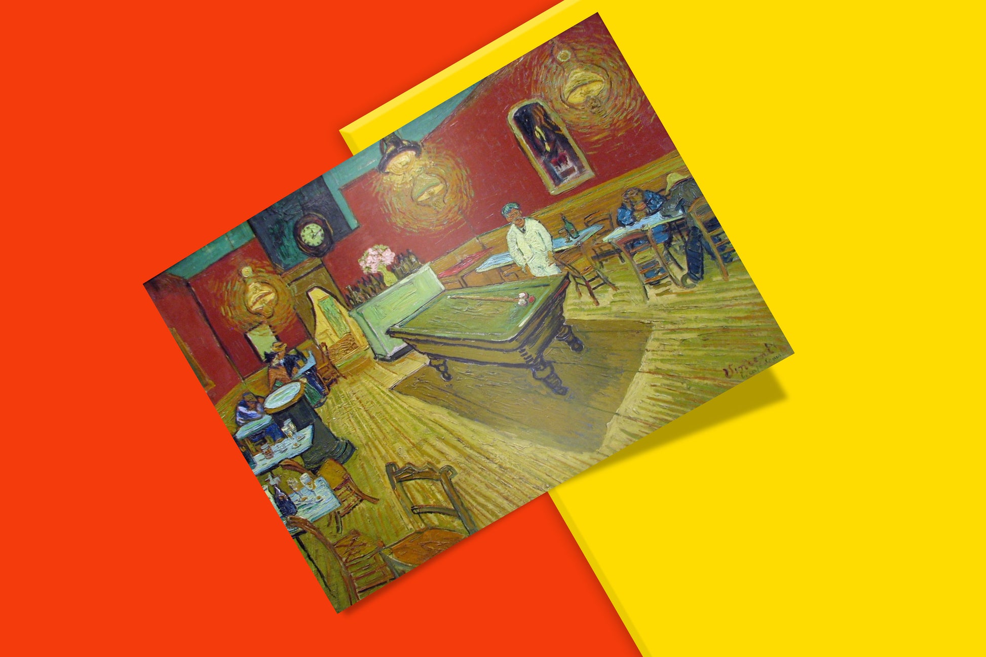 Digital render of the "The Night Café" print by Van Gogh, displayed in a modern home interior setting.