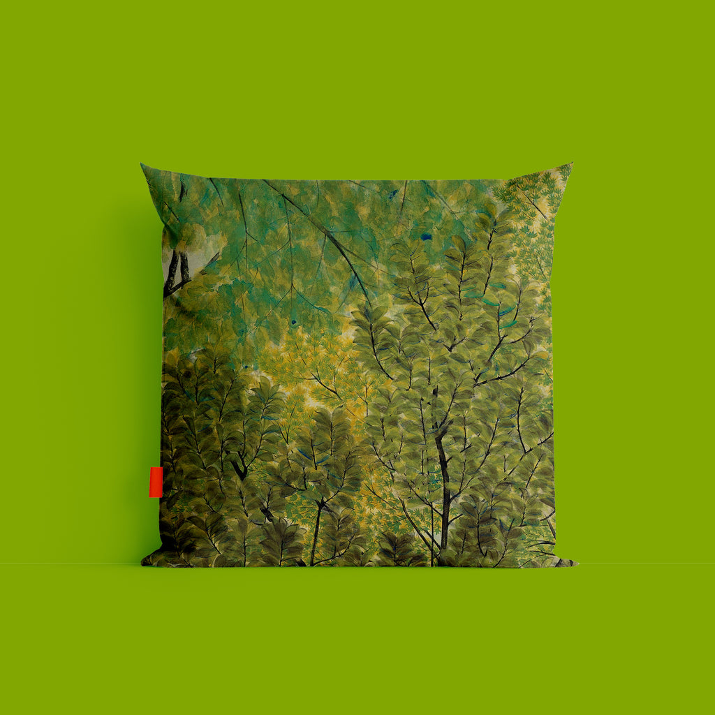 Fine art gift cushion cover featuring Gyoshū Hayami's New Leaves Japanese painting, dye sublimation printed on premium linen, made in Great Britain by ART SNOB