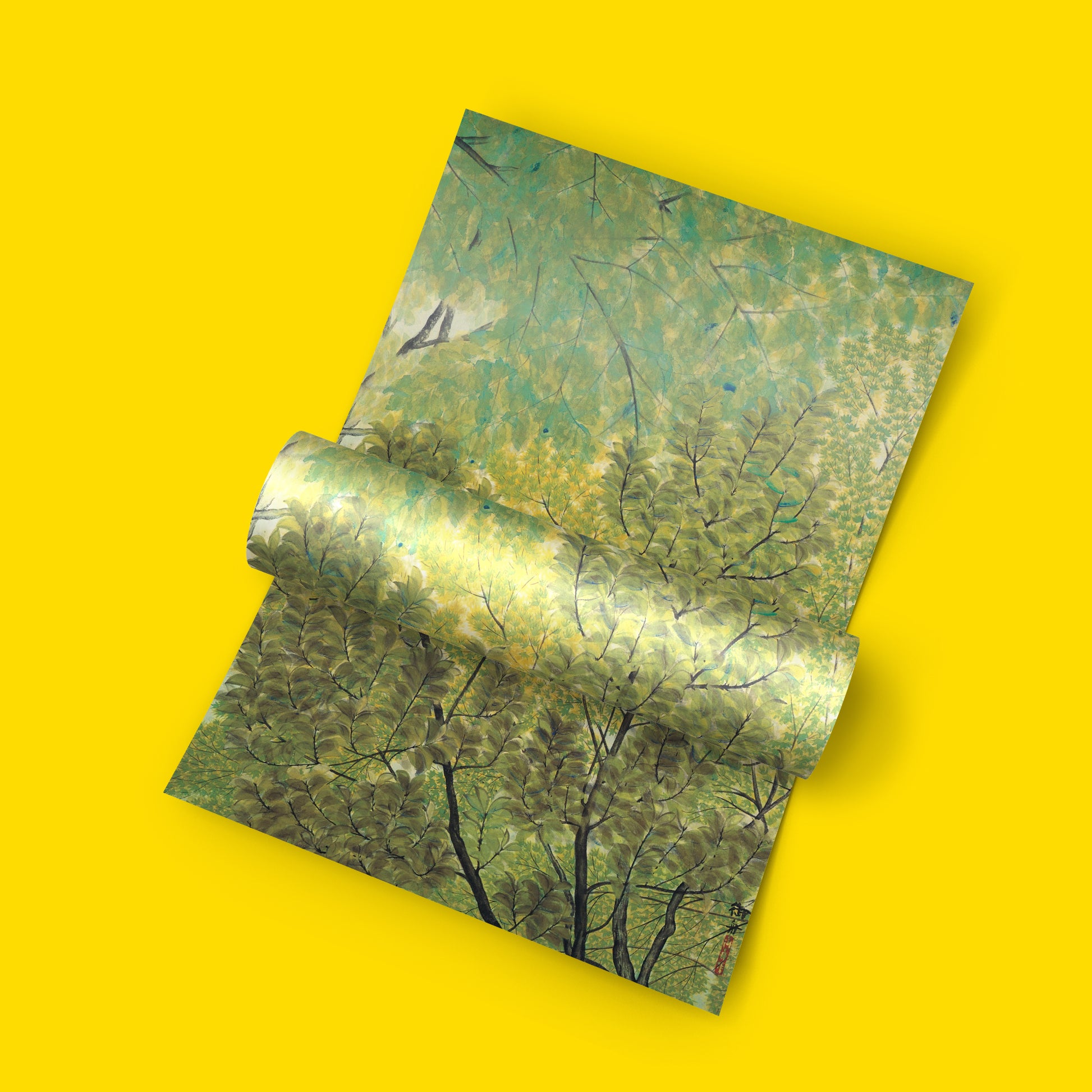 Giclée art print of Gyoshū Hayami's New Leaves, Japanese nature painting with vivid green forest canopy