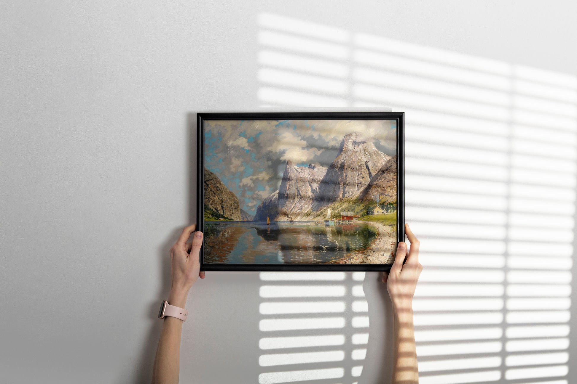 Elegant framed reproduction of Norwegian fjord painting by Normann hung as sophisticated wall art, perfect example of Nordic landscape home decor display