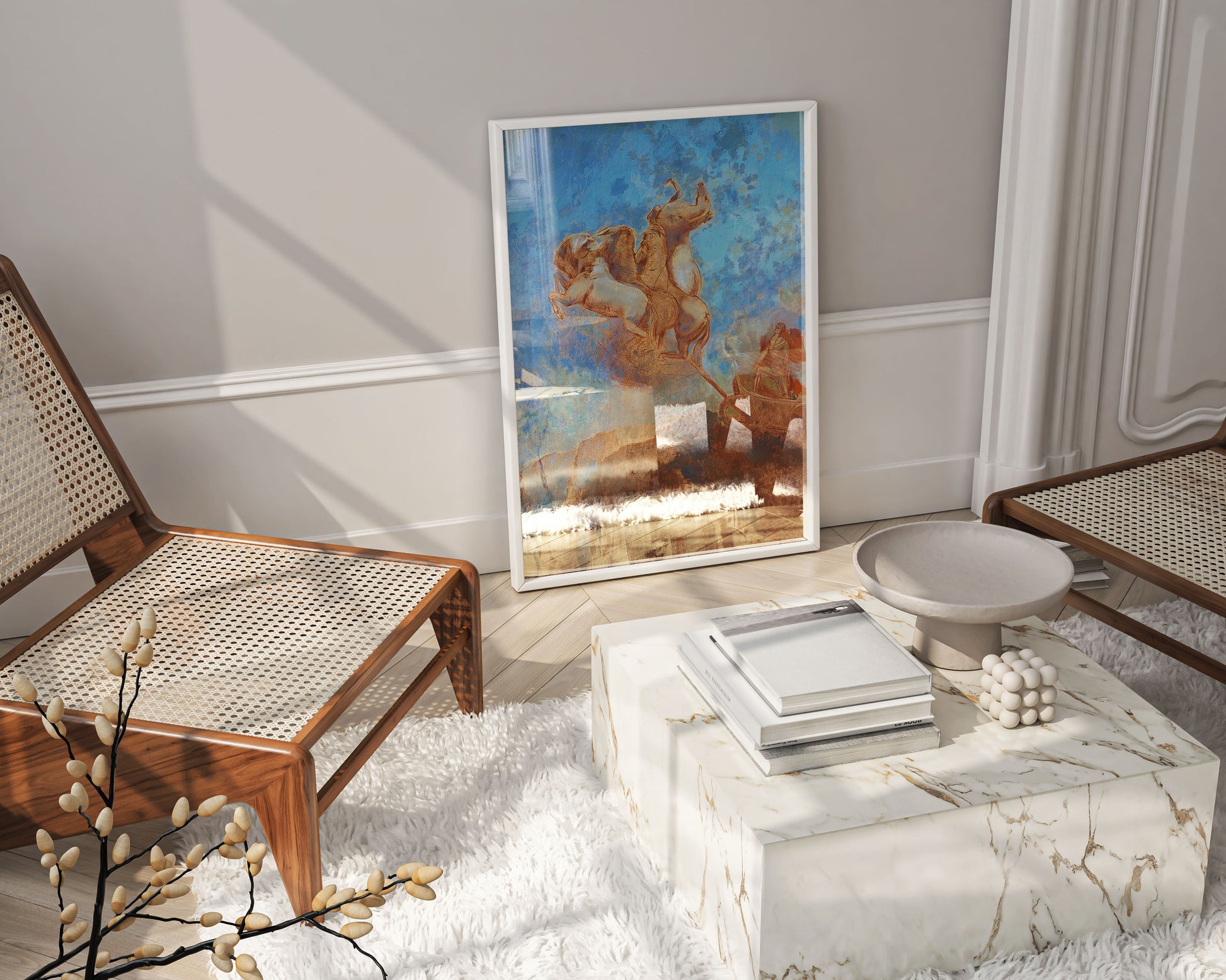 Odilon Redon The Chariot of Apollo art print beautifully framed and displayed on modern living room wall, showing how classical mythology wall art enhances contemporary home decor