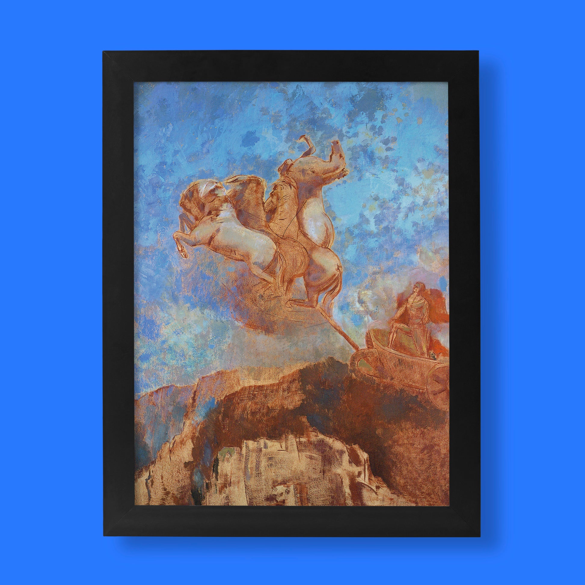 Odilon Redon The Chariot of Apollo fine art print featuring golden horses and mythological figures against blue sky, perfect wall art for modern home decor