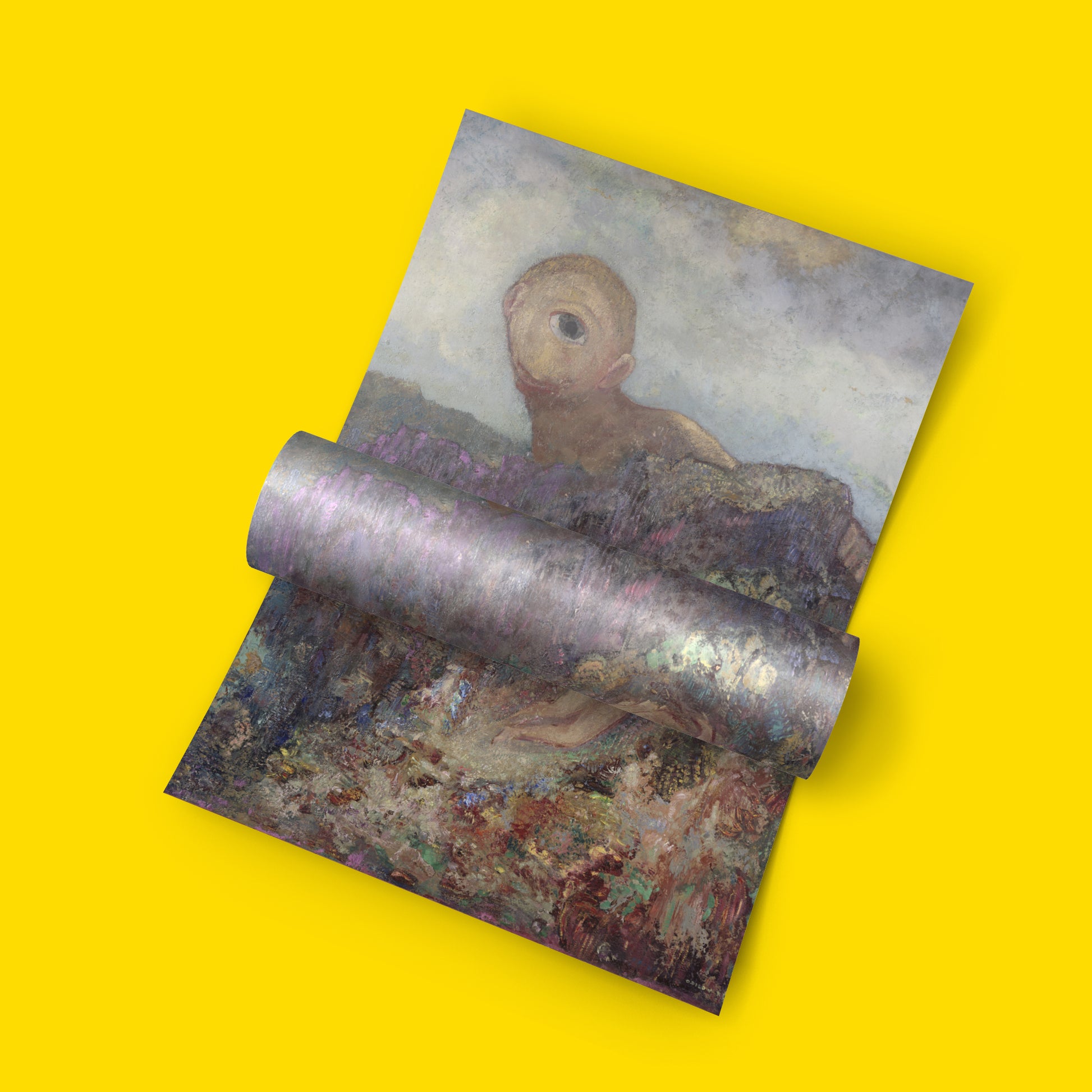Symbolist fine art print of Odilon Redon's The Cyclops painting, featuring the iconic single eye and dreamlike floral landscape in rich purples and jewel tones, museum-quality wall art