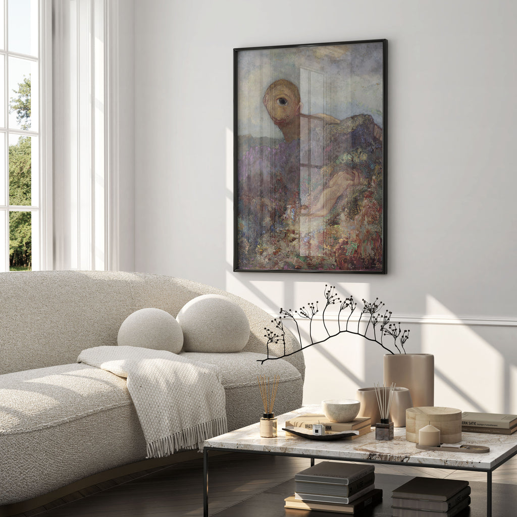 The Cyclops by Odilon Redon framed wall art for home decor, high-definition symbolist painting print with ultra-sharp 350 dpi clarity on eco-friendly FSC-certified paper