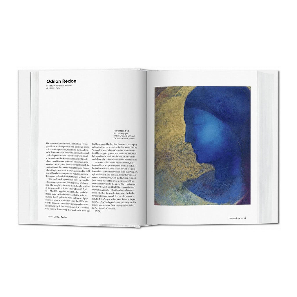 A page from the Taschen book showing Odilon Redon's Symbolist painting, "The Golden Cell," a work of symbolic art.