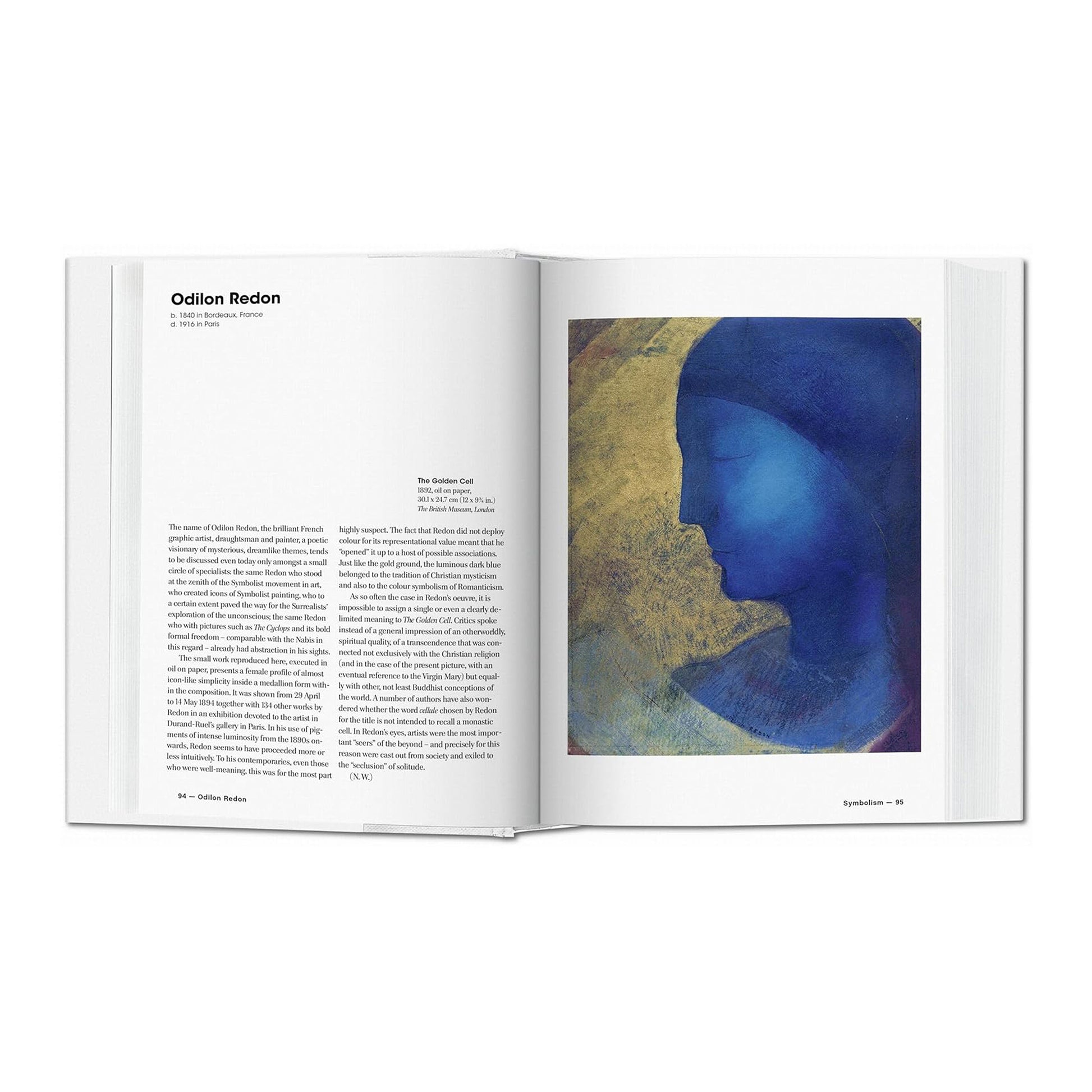 A page from the Taschen book showing Odilon Redon's Symbolist painting, "The Golden Cell," a work of symbolic art.