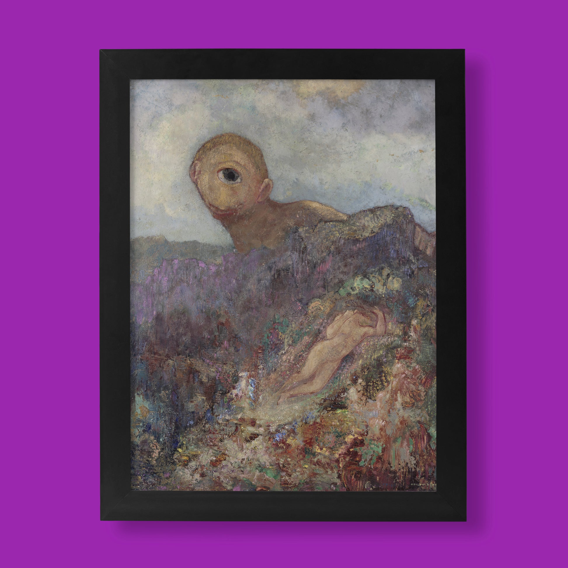 Odilon Redon The Cyclops fine art print, symbolist oil painting reproduction featuring the one-eyed giant Polyphemus watching Galatea, available as a giclée wall art poster