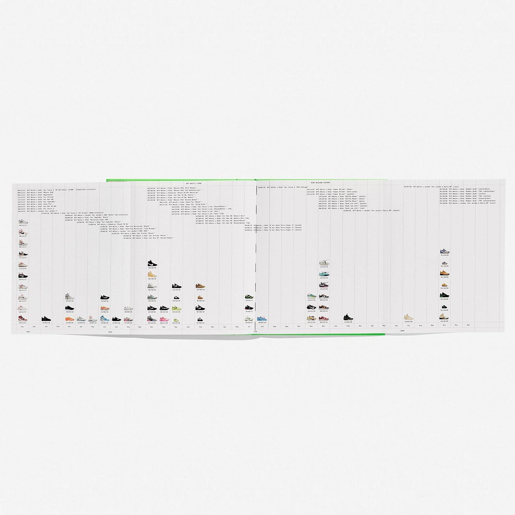 A wide book spread showing a visual timeline of all the Nike and Virgil Abloh sneaker designs, illustrating the extensive history of "The Ten" collaboration.