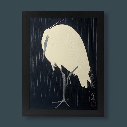 Ohara Koson Heron in Rain fine art print, a Japanese woodblock bird print for wall art