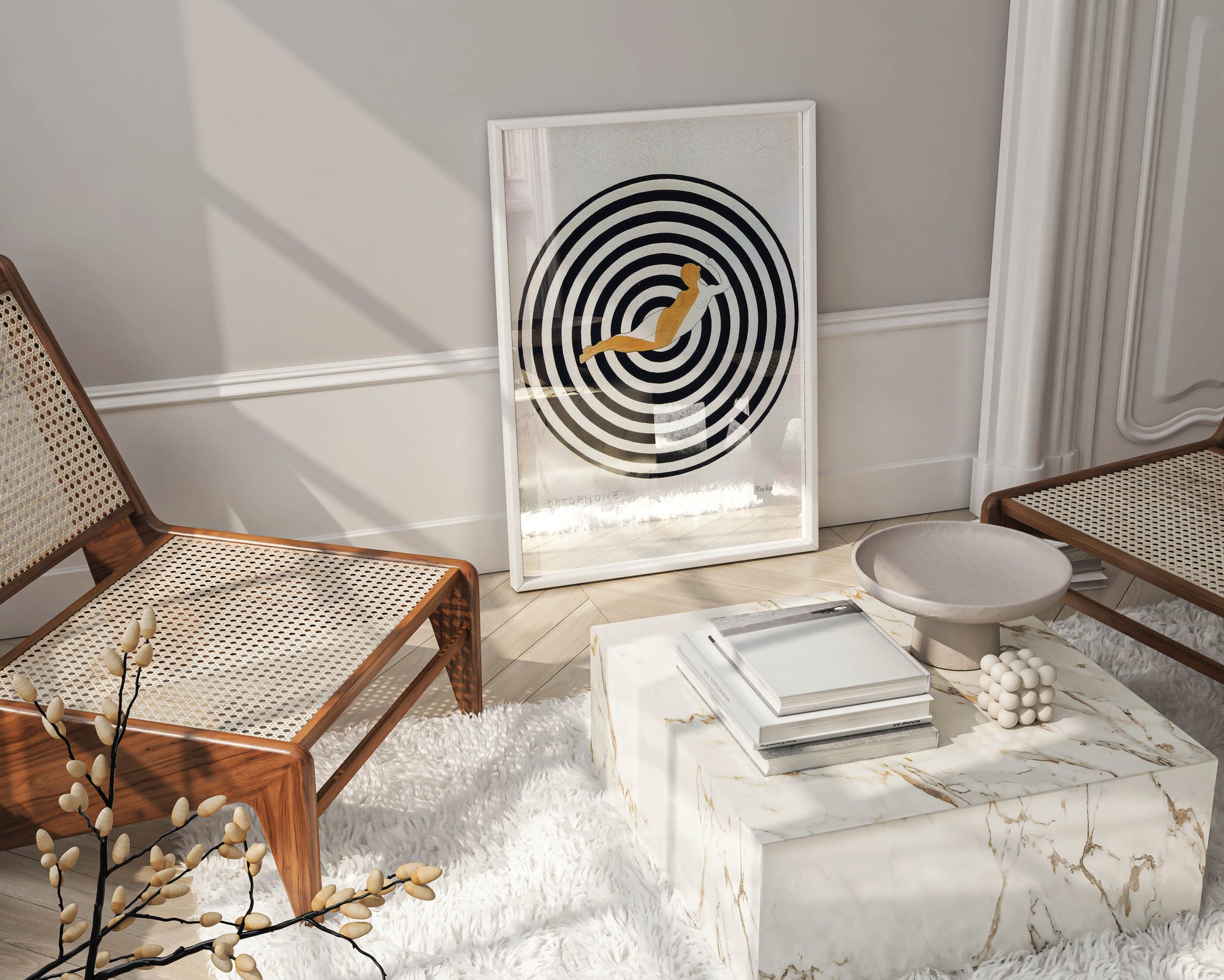 Framed Picabia Optophone fine art print hanging in stylish interior, Dada modernist poster with geometric circles and figure, luxury framed wall art for gallery wall