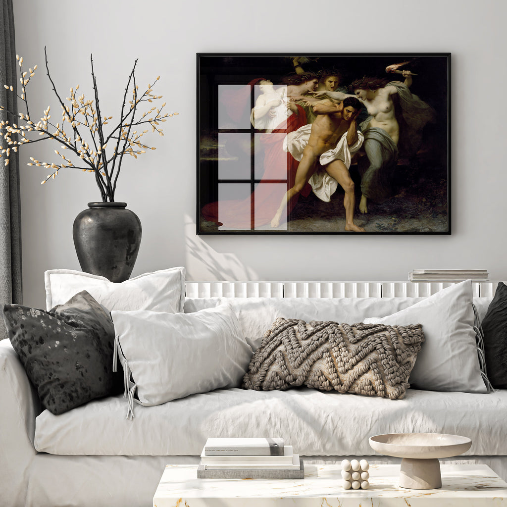 Bouguereau Orestes Pursued by the Furies wall art print displayed in modern living room interior - classical fine art prints for contemporary home decor