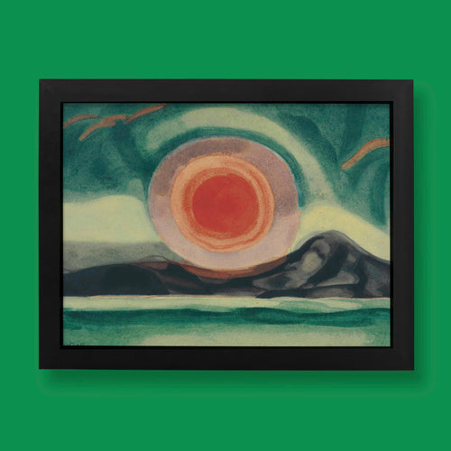 Oscar Bluemner Sunset on the St. Lawrence fine art print featuring vibrant red and orange concentric rings over a tranquil river landscape.