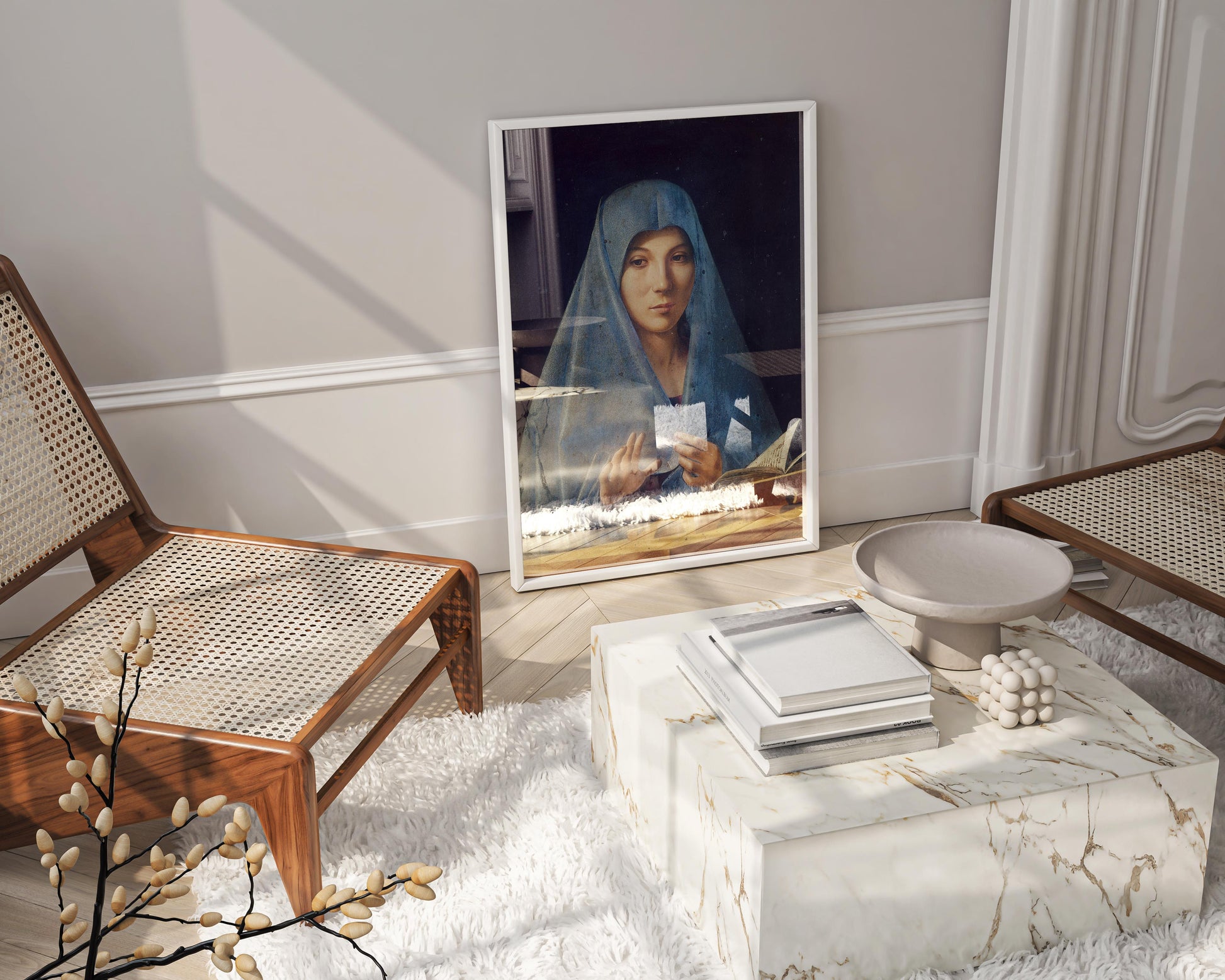 A beautiful art print of the Virgin Annunciate from the Palazzo Abatellis, expertly framed and serving as a sophisticated centerpiece for a high-end interior.