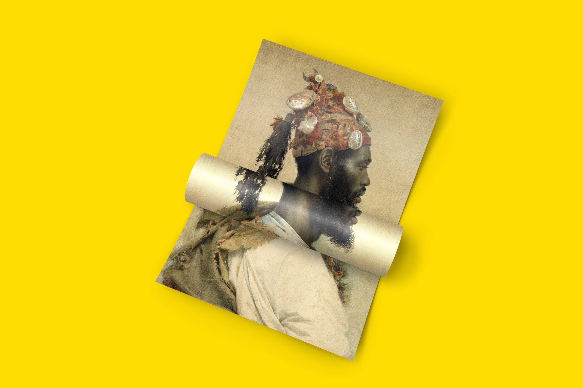 Vintage Moroccan portrait art print showing Gnawa dancer with ornate headdress, high-quality fine art reproduction for contemporary home decor