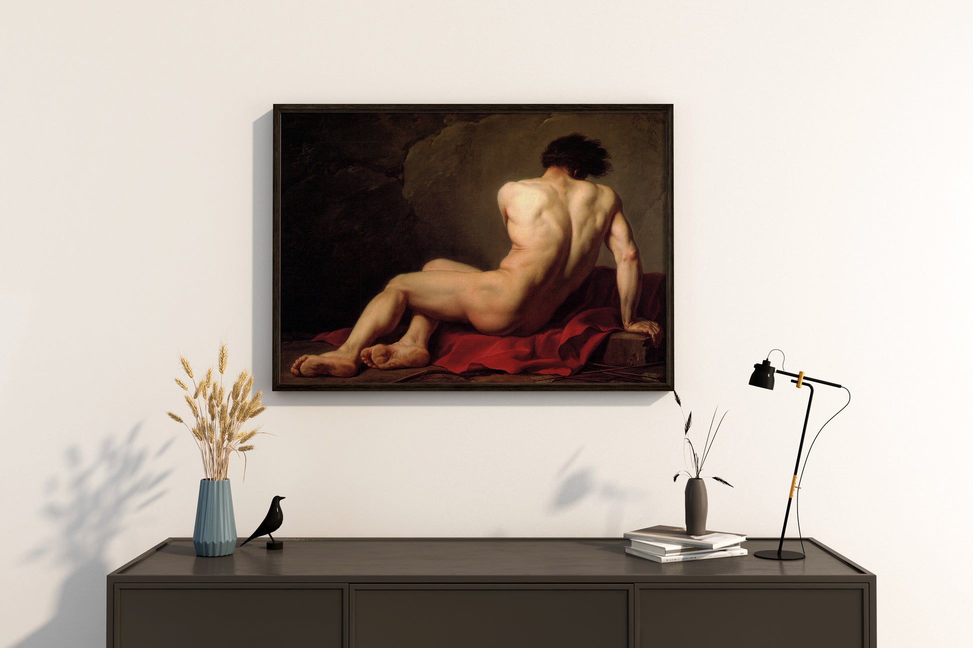 A premium framed print of Jacques-Louis David's "Patroclus" hanging on a wall, showcasing the artwork as a sophisticated piece of home decor.