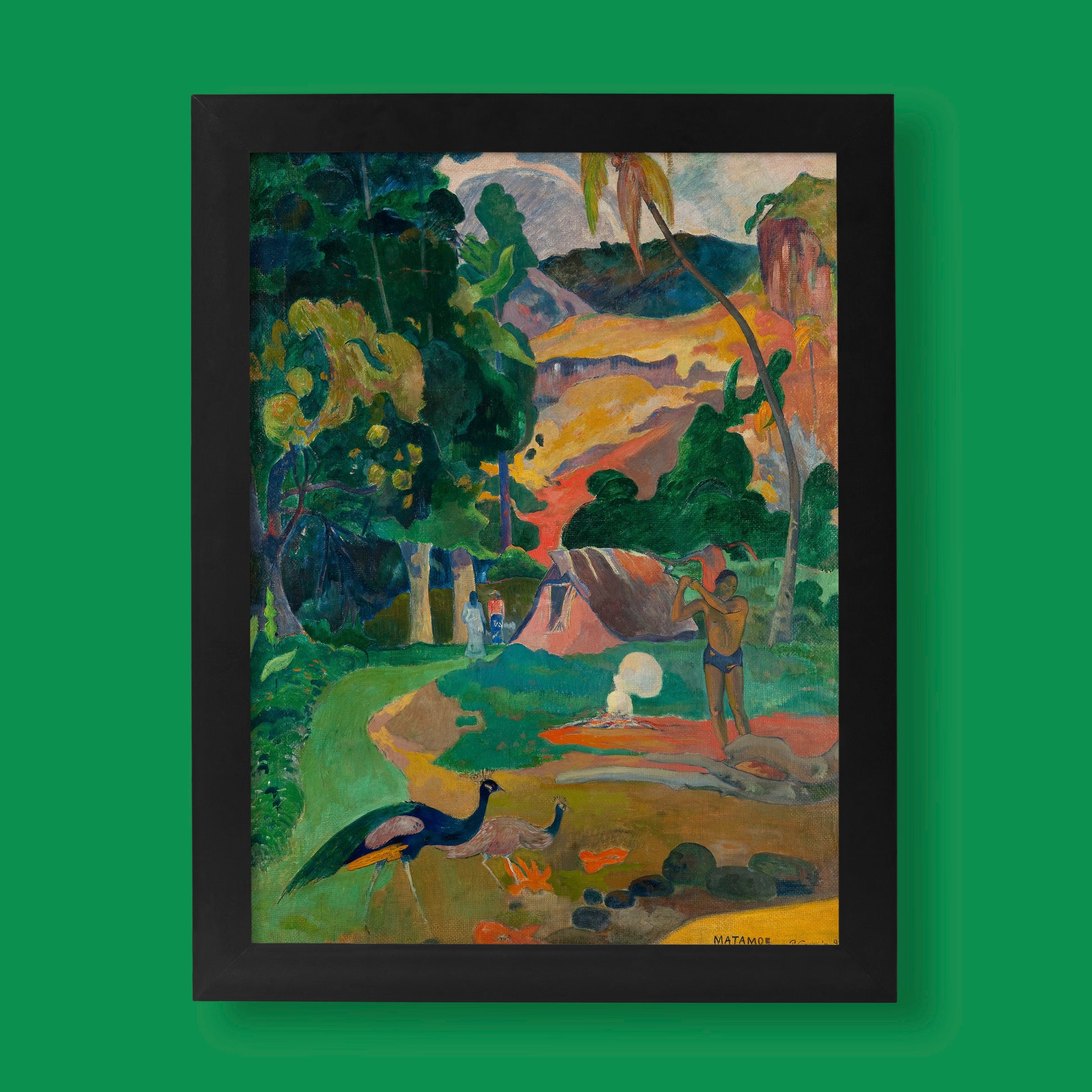 Paul Gauguin Landscape with Peacocks Death Matamoe 1892 fine art print featuring vibrant tropical scenery with peacocks, Tahitian figures and lush vegetation, museum quality wall art poster
