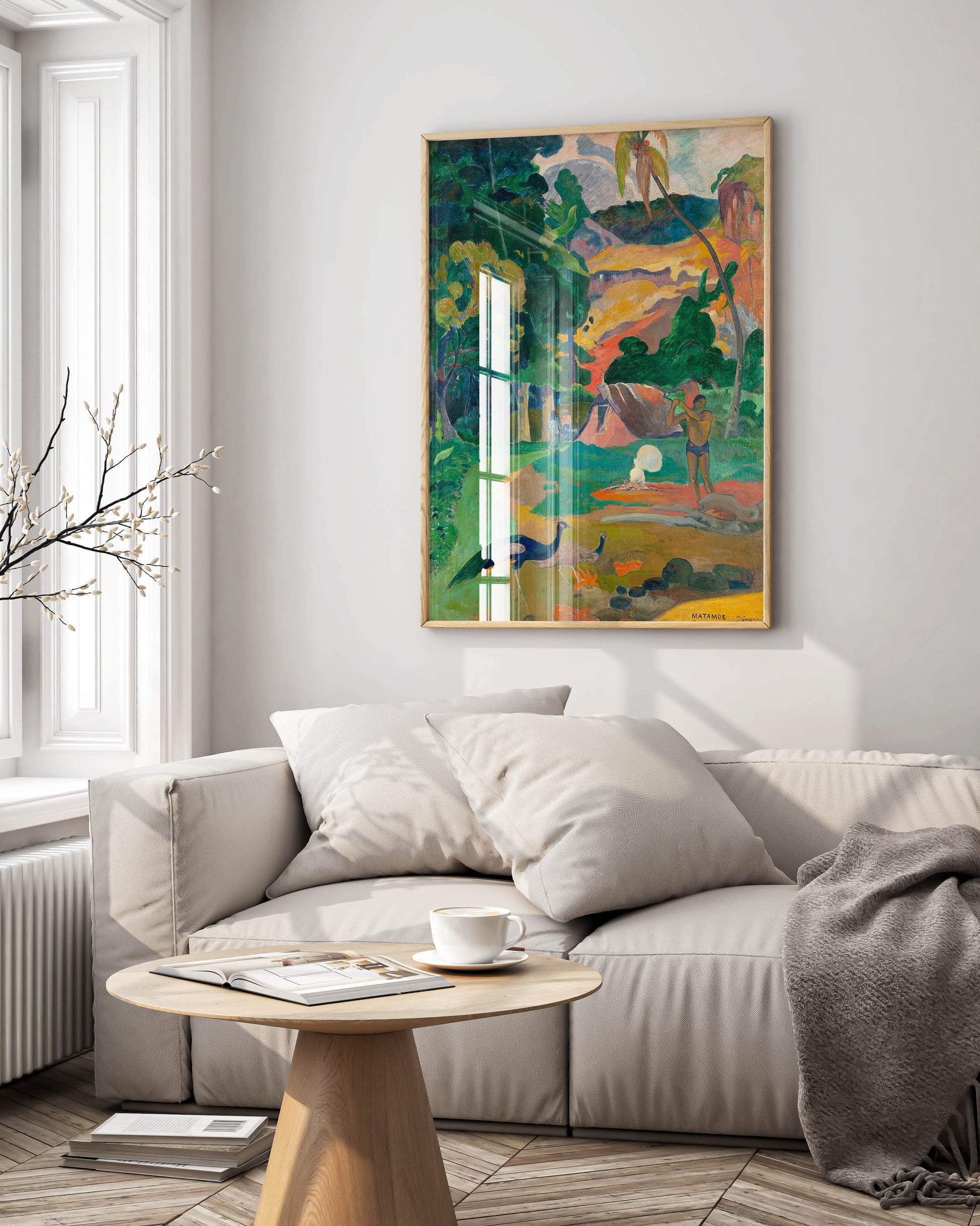 Framed Paul Gauguin Matamoe fine art print displayed as elegant wall art, Post-Impressionist tropical landscape with vibrant colours in modern frame for interior design and home styling