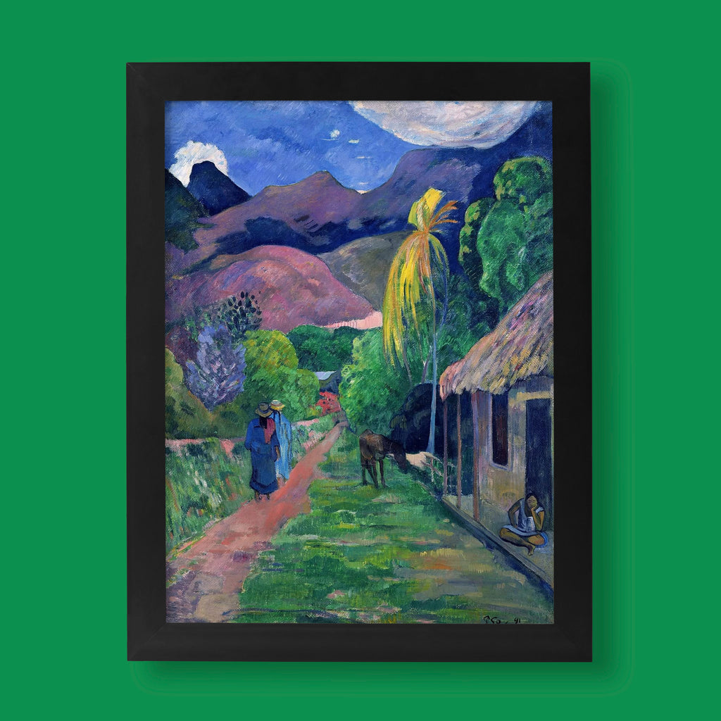 A vibrant Paul Gauguin Street in Tahiti fine art print featuring lush tropical trees and a winding path under a bright sky.