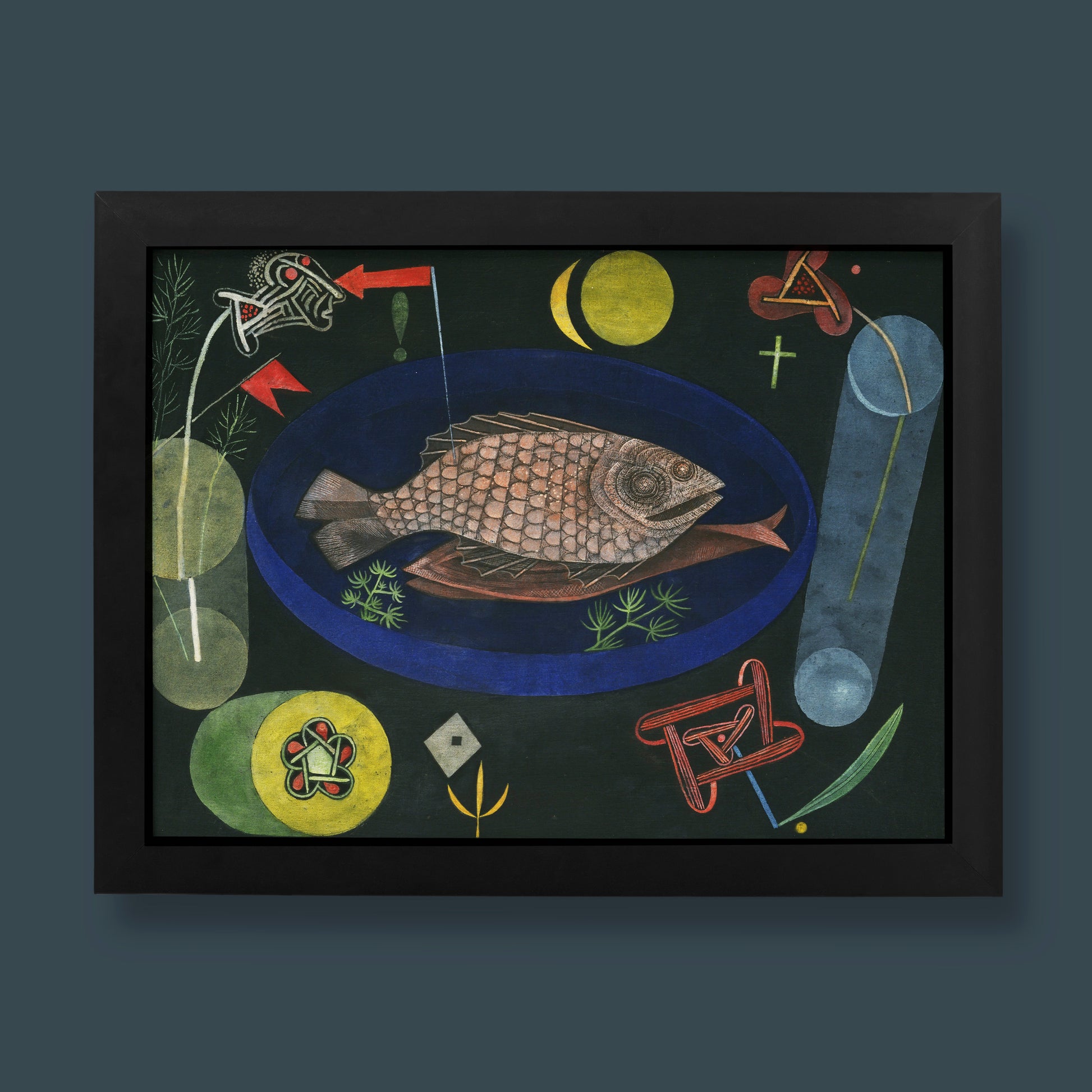 Around the Fish by Paul Klee museum quality art print reproduction showing intricate fish scales and moon symbols on dark background, premium wall art poster for interior design
