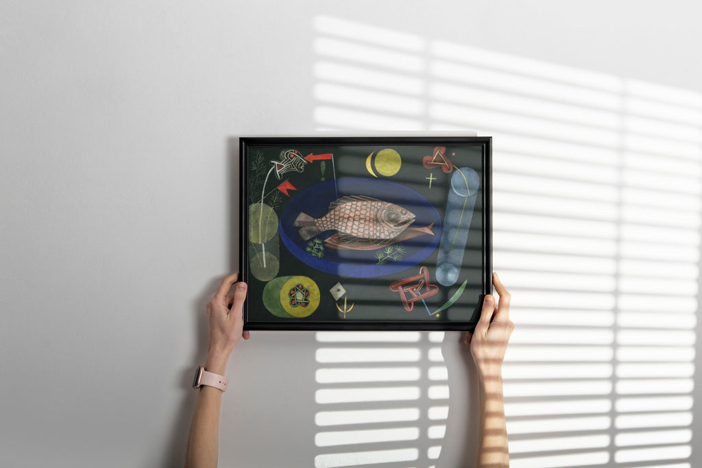 Paul Klee Around the Fish 1926 framed art print displayed as modern wall art in contemporary interior, ready to hang fine art reproduction for home decor
