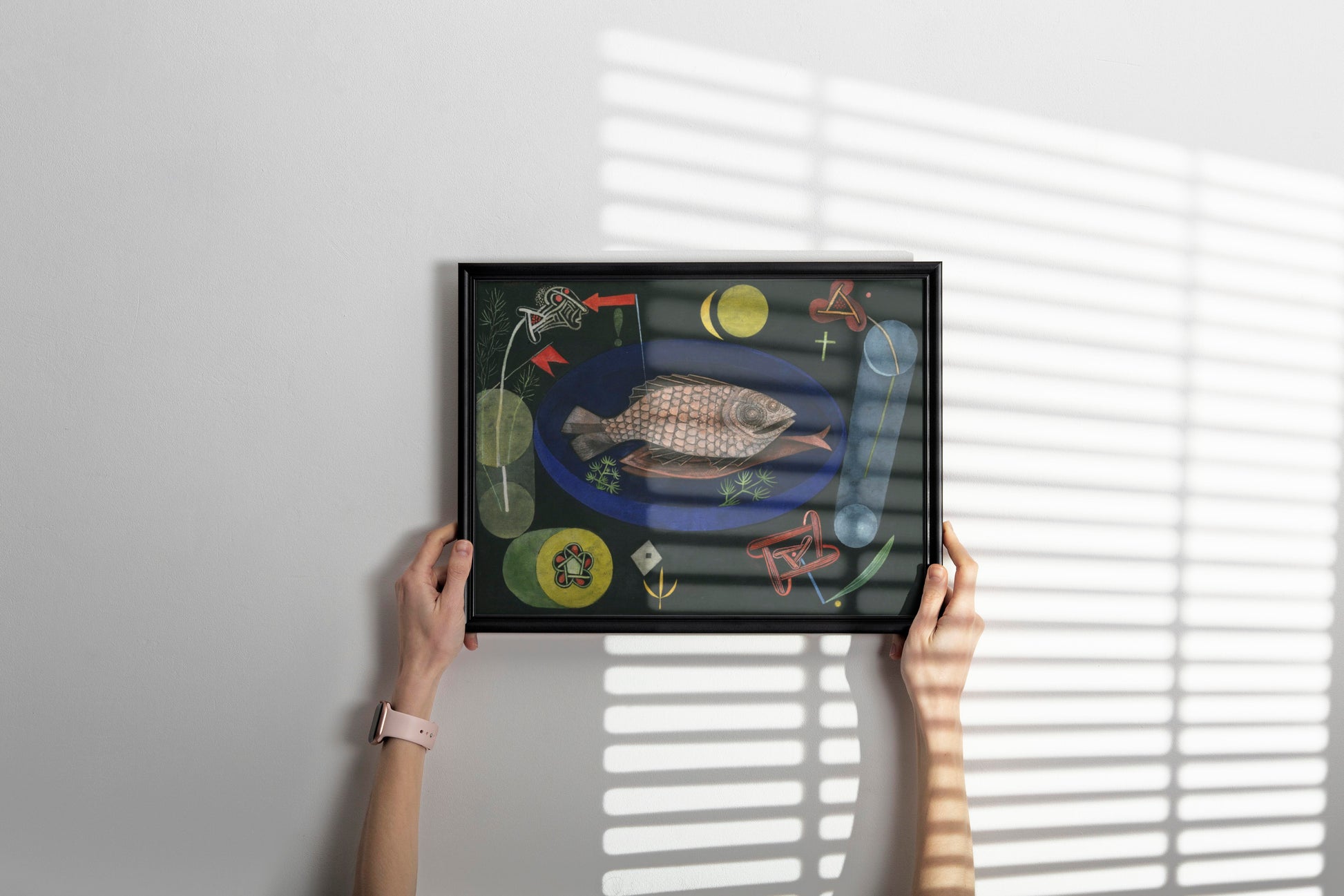 Paul Klee Around the Fish 1926 framed art print displayed as modern wall art in contemporary interior, ready to hang fine art reproduction for home decor