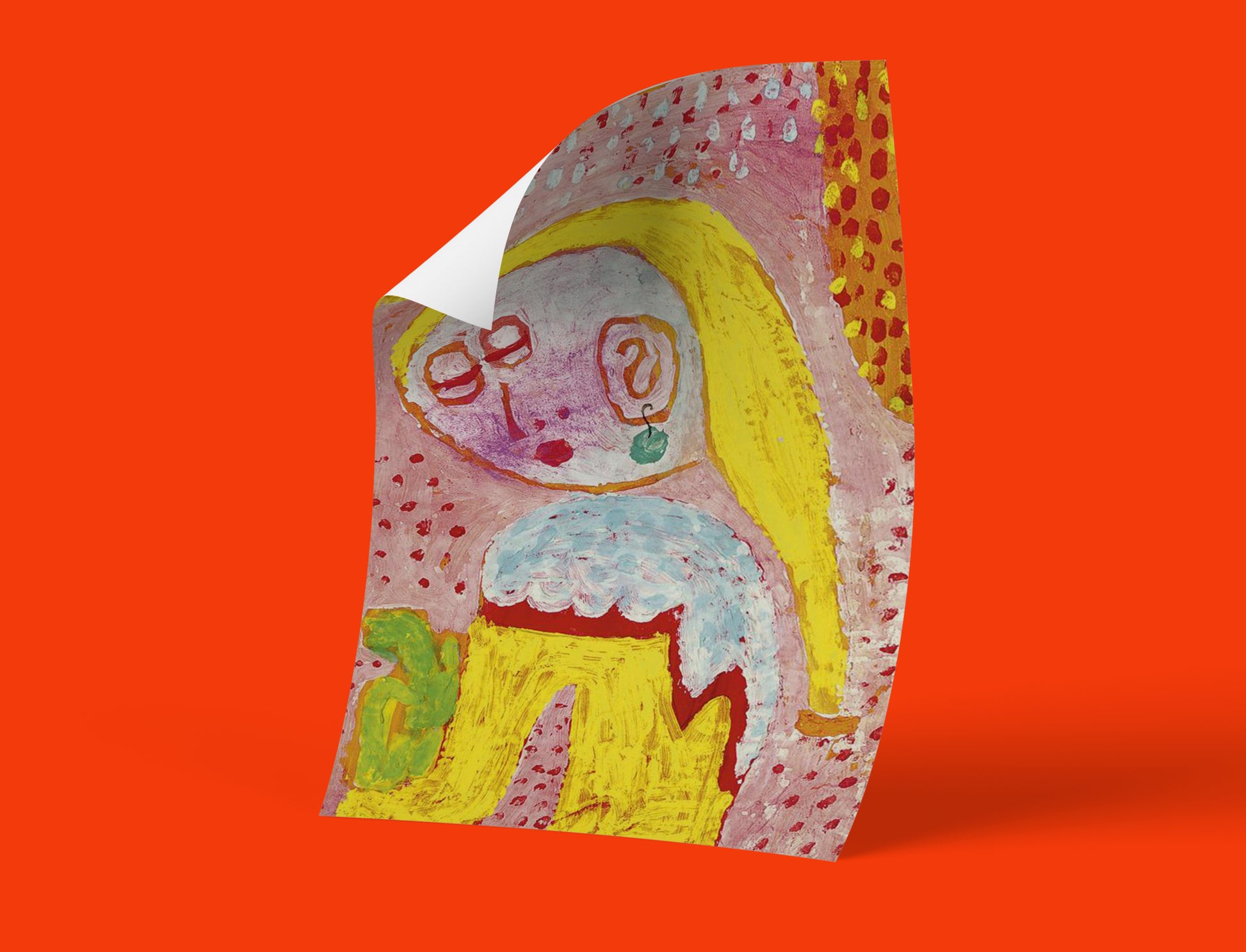 Paul Klee expressionist art print featuring Magdalena with elongated yellow hair, bold earring, and symbolic imagery, fine art poster for collectors and interior design