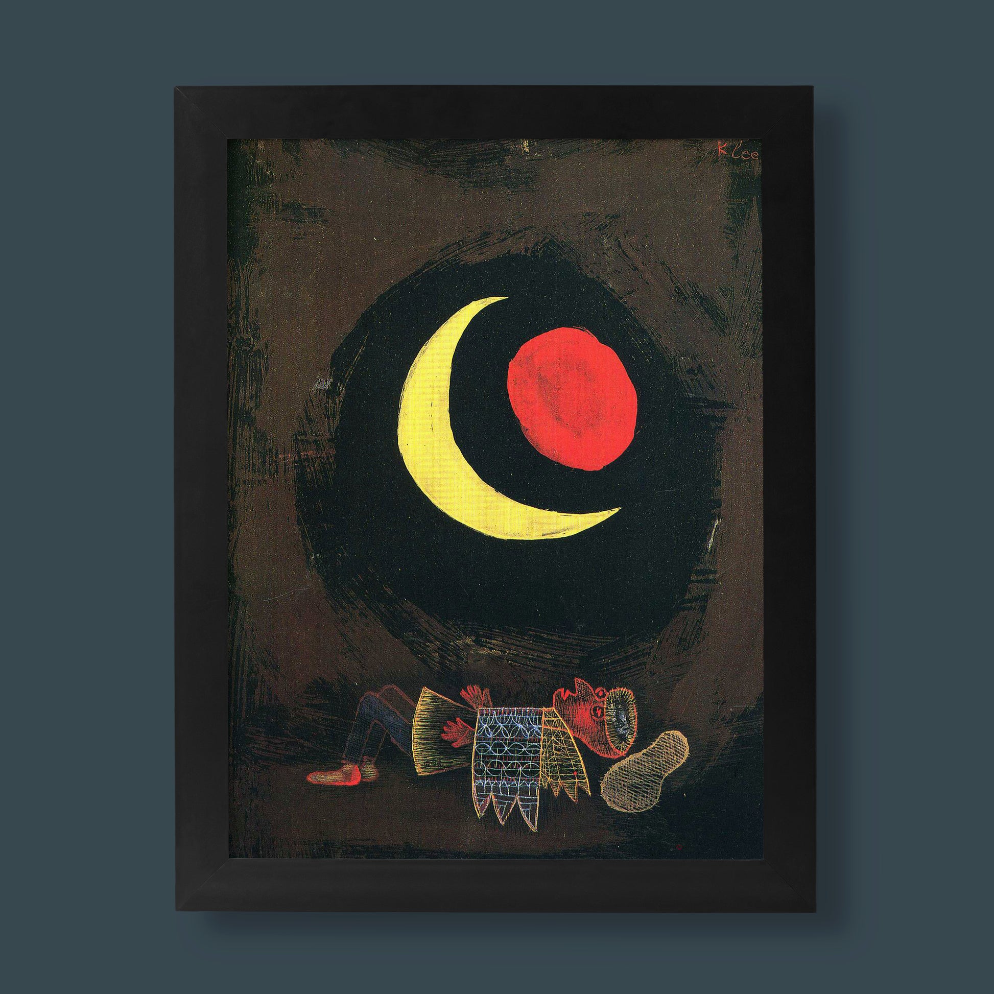 Paul Klee Strong Dream art print featuring yellow crescent moon and red disc on dark background, 1929 Bauhaus fine art poster for modern wall decor