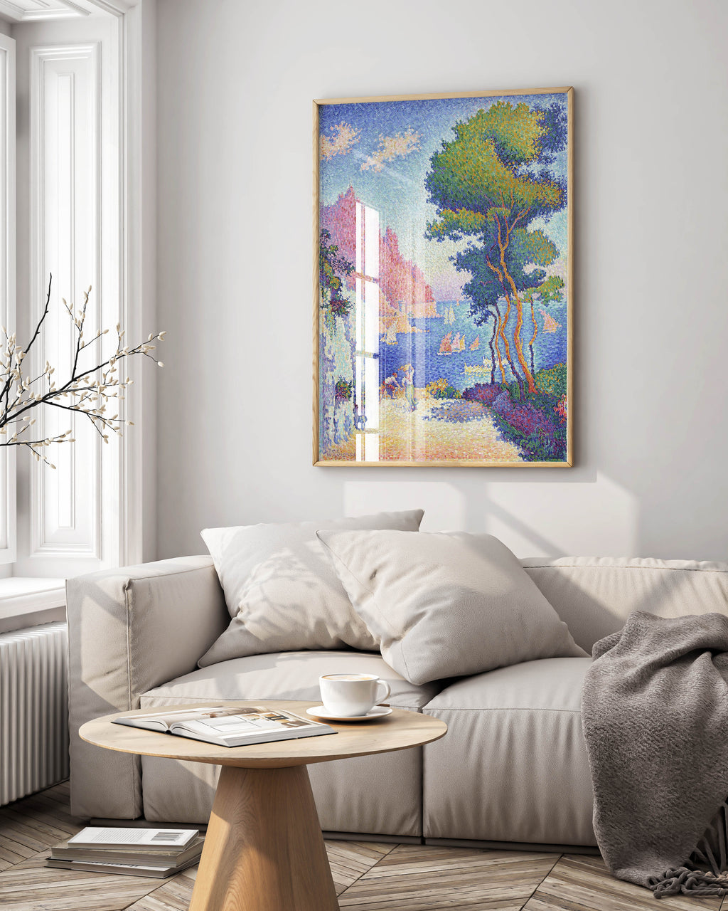 Paul Signac Capo di Noli framed art print displayed as wall art in modern interior showing pointillist Mediterranean coastal landscape
