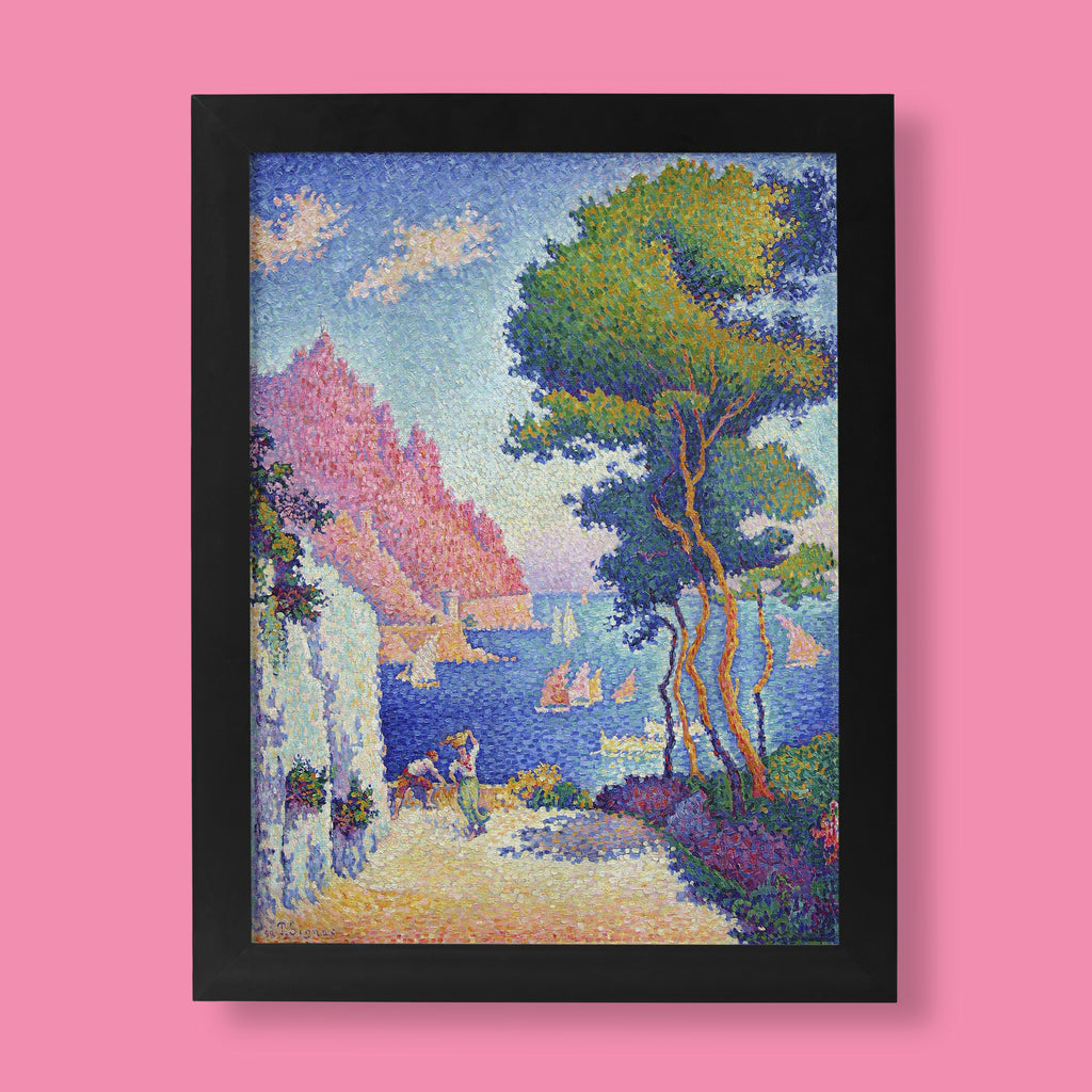 Paul Signac Capo di Noli near Genoa fine art print showing pointillist coastal landscape with blue Mediterranean sea, pink buildings and pine trees