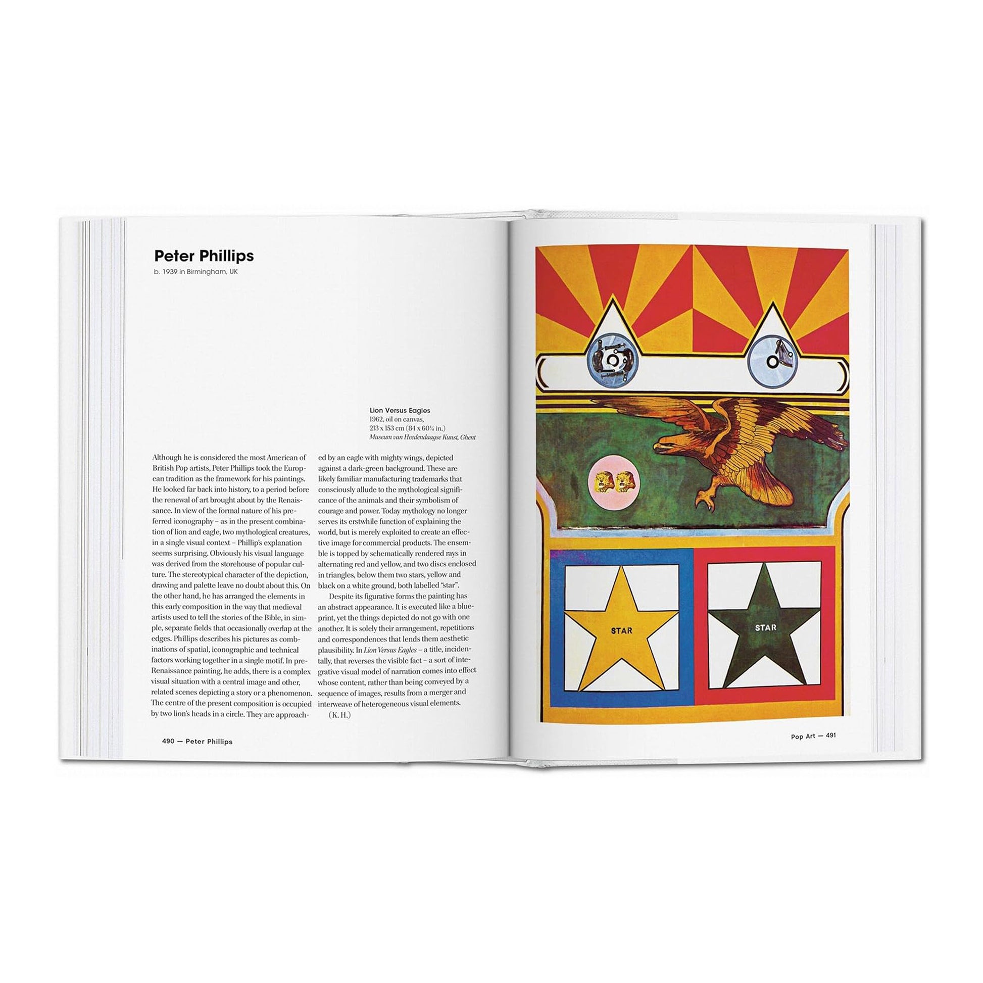 A page from the collectible art book showcasing Peter Phillips's Pop Art work, "Lion Versus Eagles."