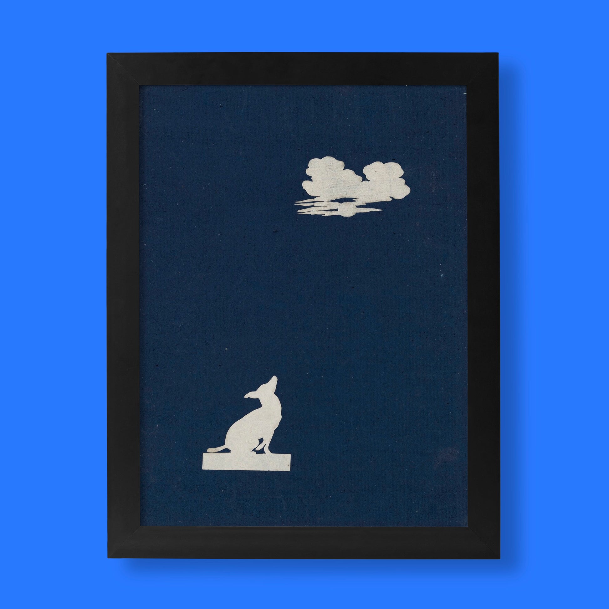 Philipp Otto Runge Dog Howling at the Moon fine art print featuring white paper cutout silhouette against deep blue background, German Romantic artwork