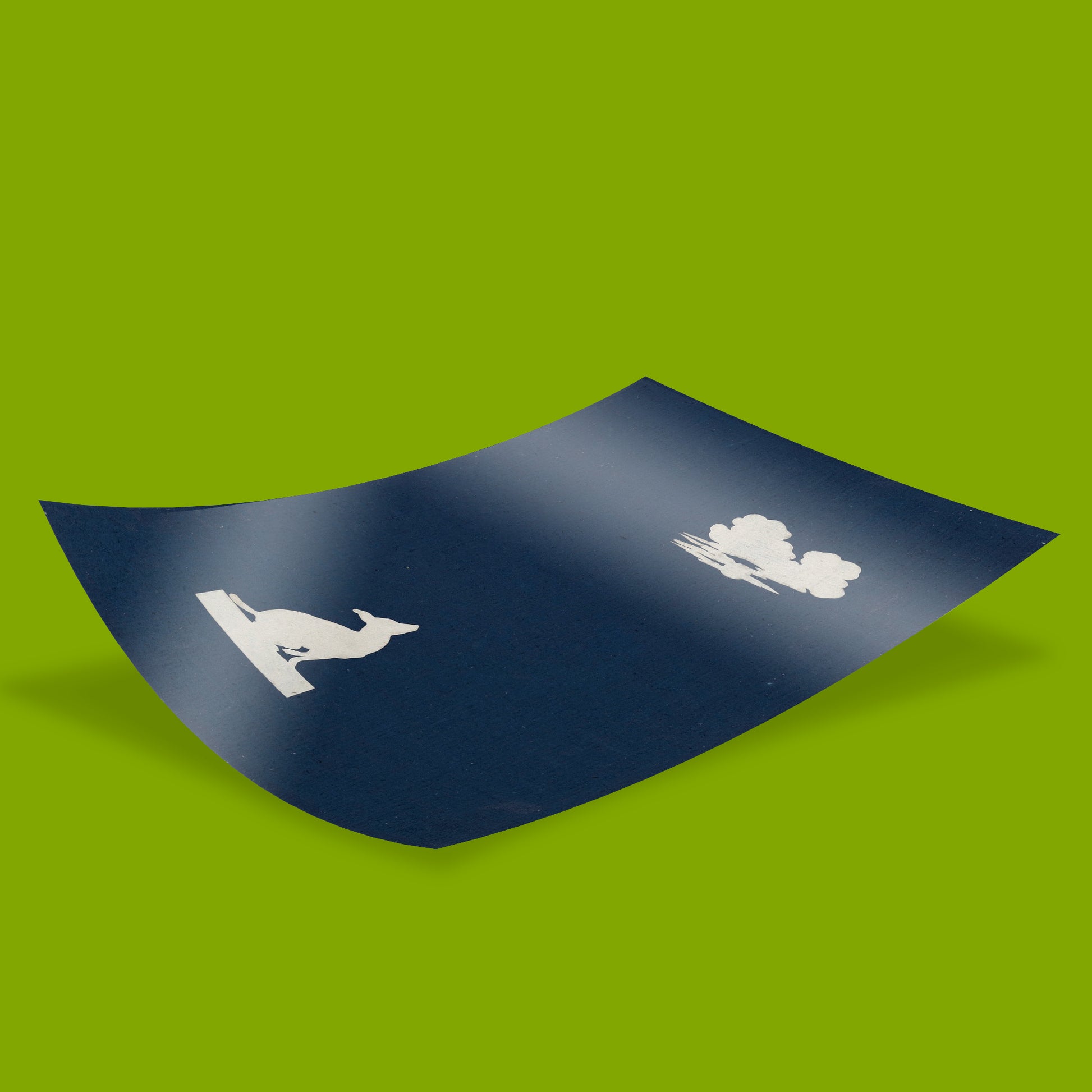 Romantic era art print showing dog silhouette howling at crescent moon, Philipp Otto Runge paper cutout reproduction on blue background