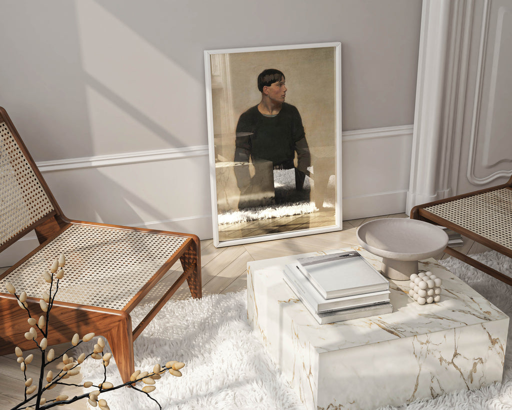 Framed wall art featuring Philpot's Young Breton portrait - classic British painting print in modern black frame ideal for gallery wall and contemporary interior design